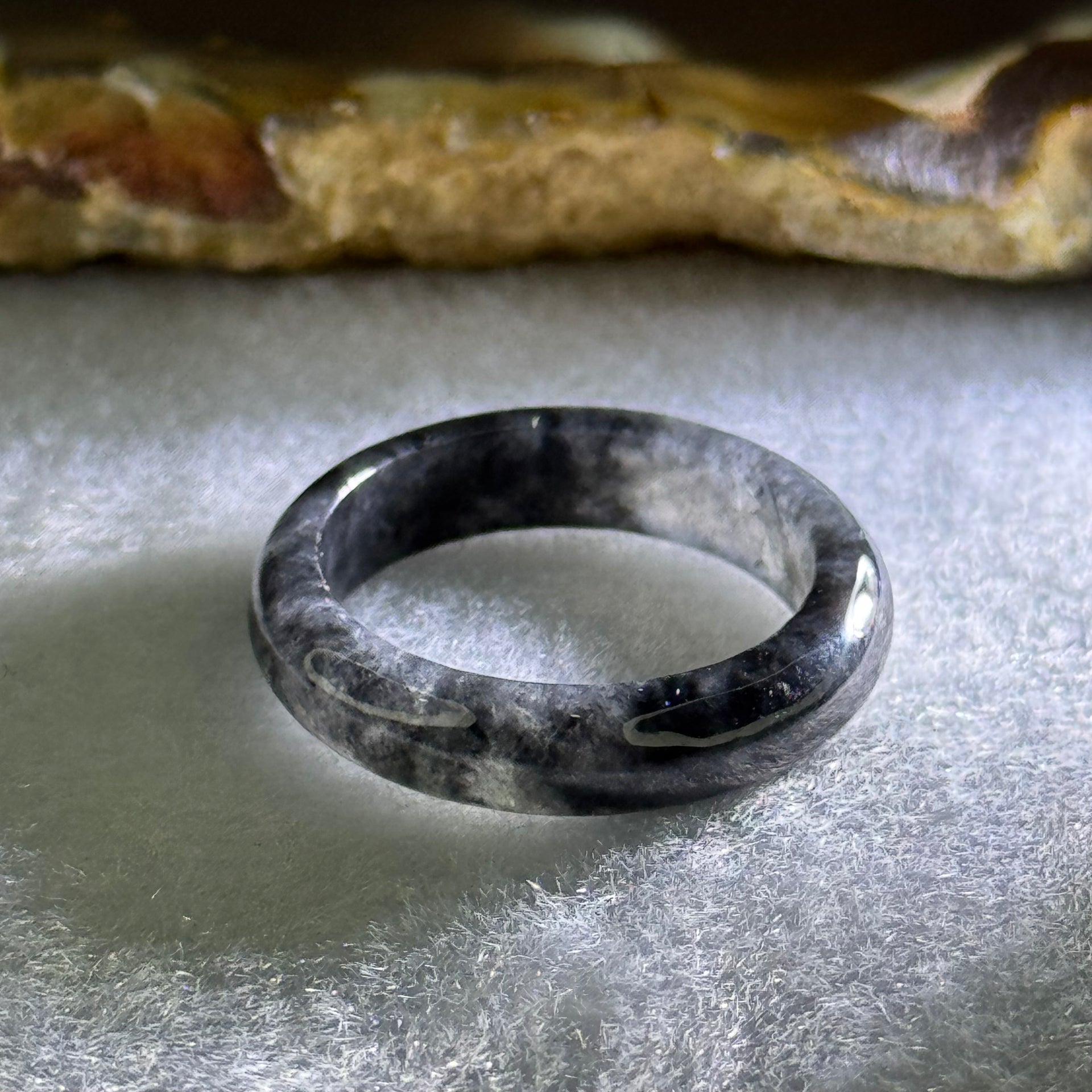 Type A Icy Wuji Black Grey Jadeite Ring 2.22g 4.7 by 3.1mm US6.7 HK14.5 (Very Slight Internal Lines) - Huangs Jadeite and Jewelry Pte Ltd