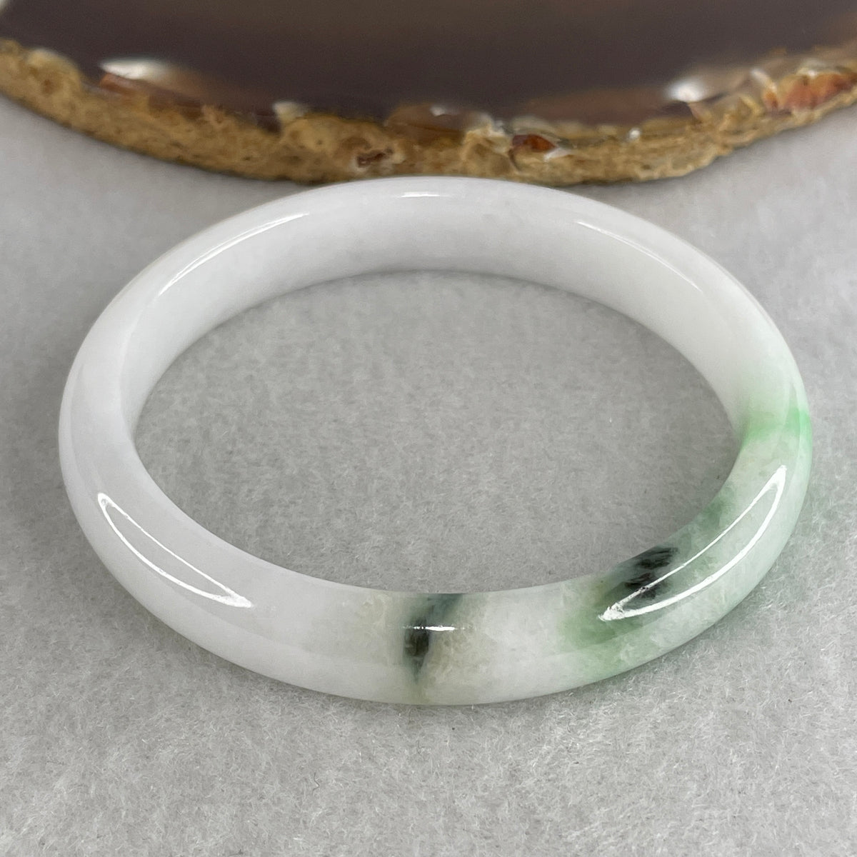 Certified Natural Type A White & Apple Green Piao Hua Jadeite Oval Bangle | (32.51g | 54.3mm Inner Diameter | 9.9mm x 6.6mm | Internal Line | Plexus Chakra Synergy, Steady Wealth "Zheng Cai" & Feng Shui Harmony Anchor)