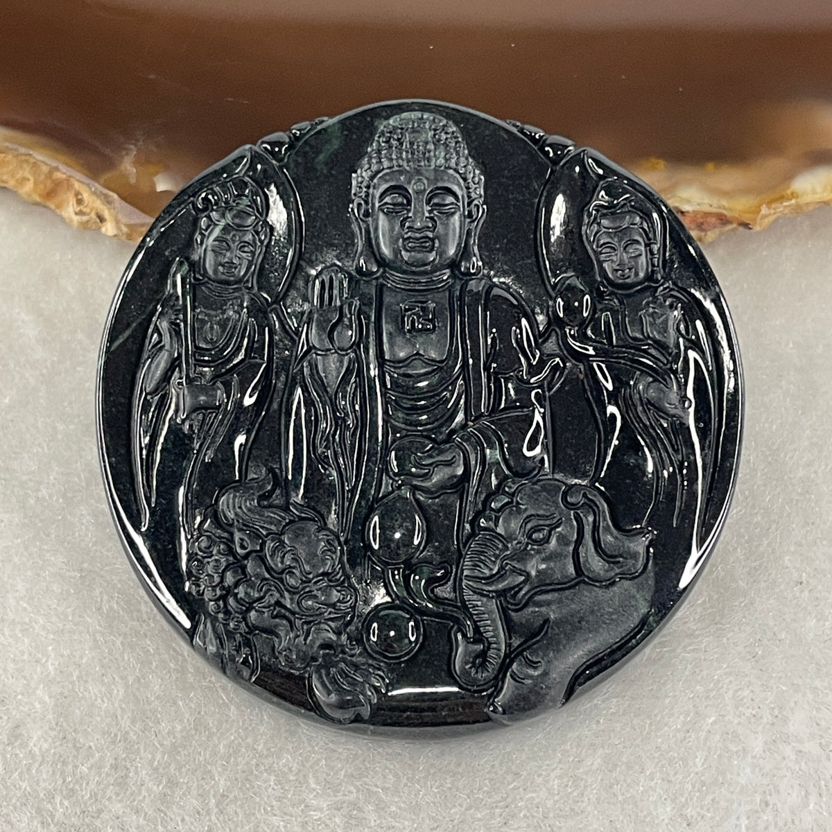 Certified Natural Type A Black Omphacite Jadeite Avatamsaka Trinity Pendant | Shakyamuni Buddha with Manjushri & Samantabhadra (20.22g | 49.1x48.8x7.3mm | Crown, Third Eye, Heart & Root Chakra Shield, Ultimate Wisdom, Great Action & Divine Protection)
