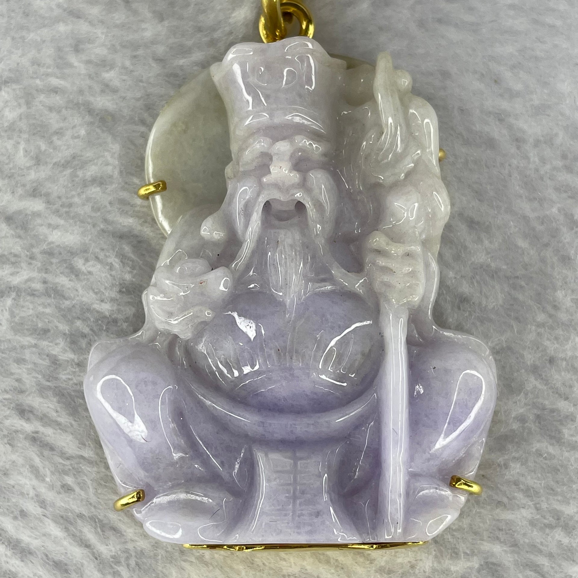 Pre-Love Type A Lavender Jadeite Tu Di Gong in 916 Yellow Gold Setting Large Clasp Inner Diameter 9.3mm suitable for very thick Gold Chain - Huangs Jadeite and Jewelry Pte Ltd