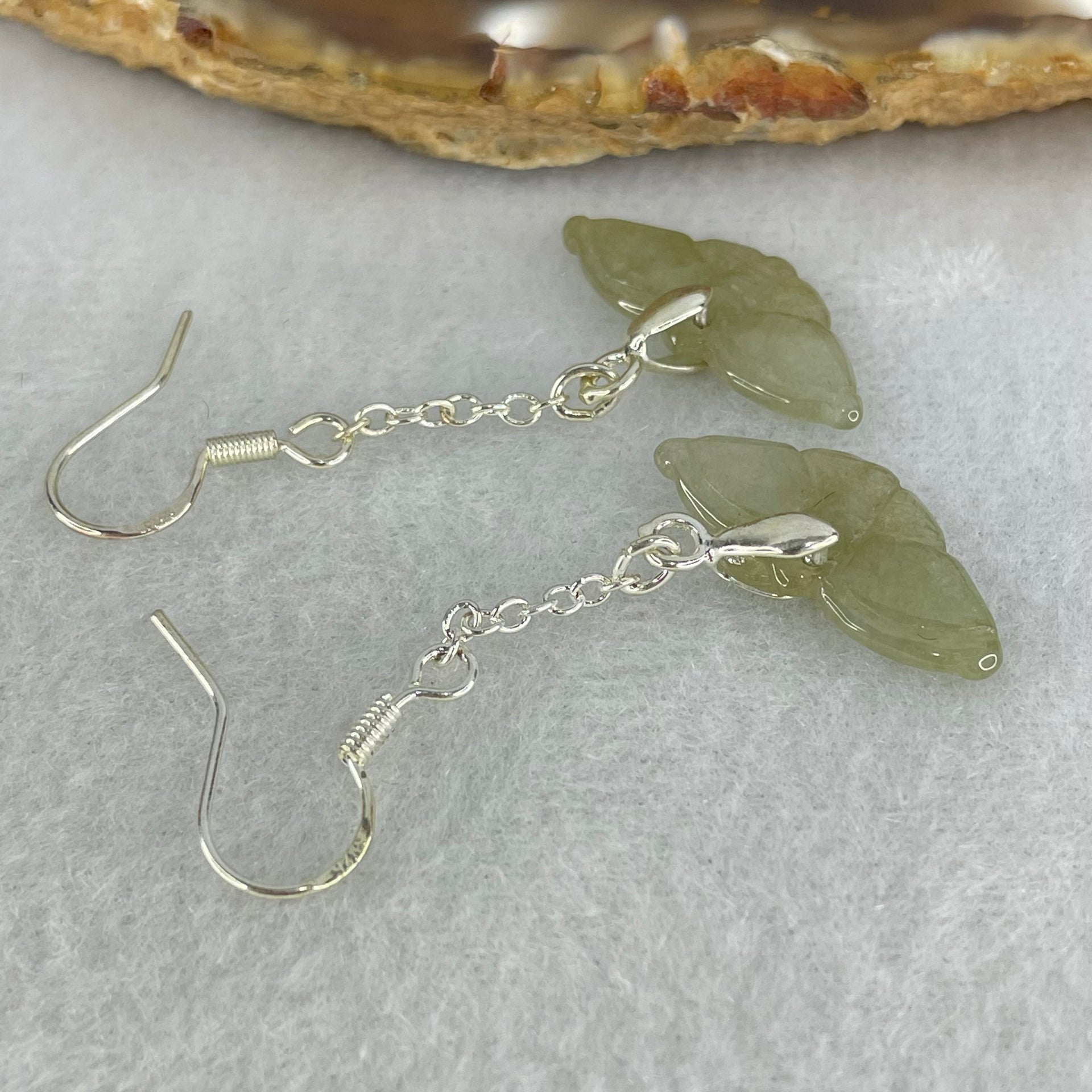 Type A Icy Brownish Green Jadeite Butterfly in S925 Sliver Earrings 2.43g 22.7 by 9.7 by 2.1mm - Huangs Jadeite and Jewelry Pte Ltd