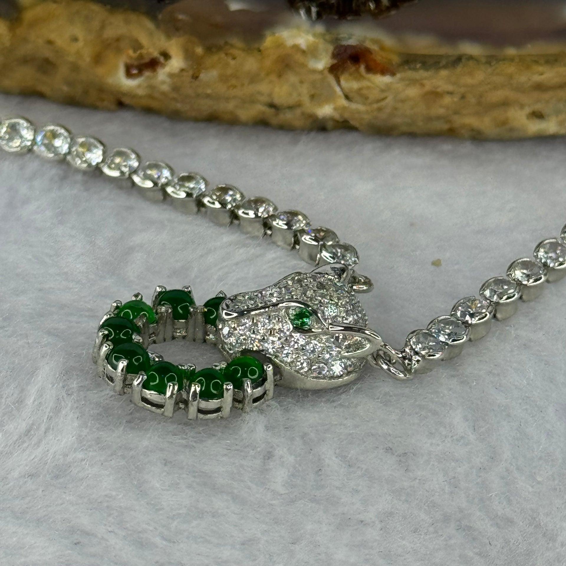 Type A Icy Green Omphasite Jadeite Panther Charm with Crystals in S925 Sliver Necklace 13.29g 2.3 by 1.5mm 8pcs - Huangs Jadeite and Jewelry Pte Ltd