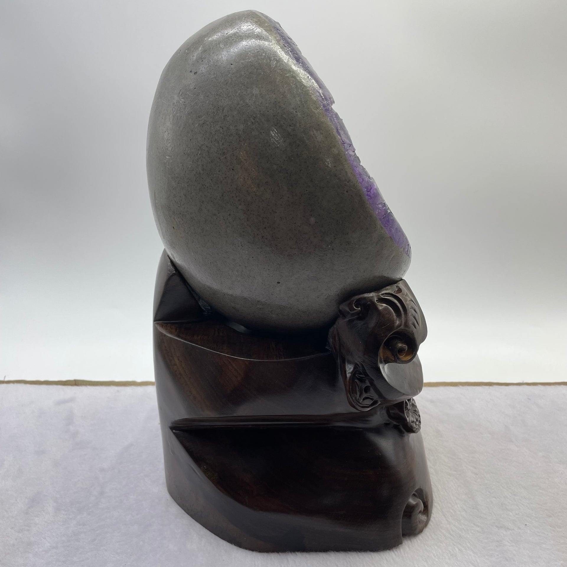 Natural Deep Purple Amethyst Egg with Wooden Stand Display 5,913.4g 170.0 by 165.0 by 270.0mm - Huangs Jadeite and Jewelry Pte Ltd
