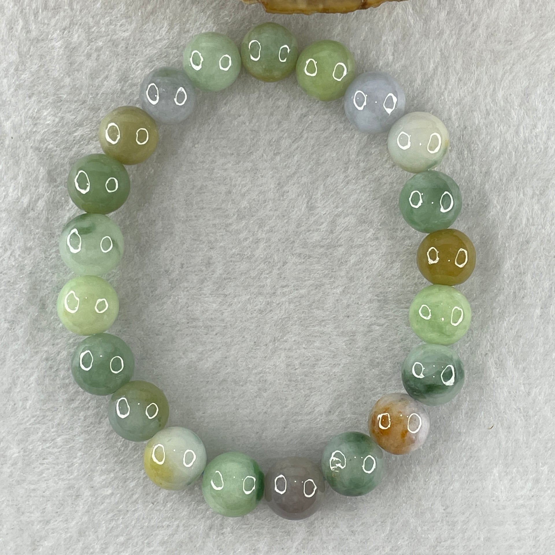 Natural Type A Multi Tone Green with Yellow and Lavender Jadeite Round Shape Beads Bracelet 31.76g 16cm 9.9mm 21 Beads - Huangs Jadeite and Jewelry Pte Ltd