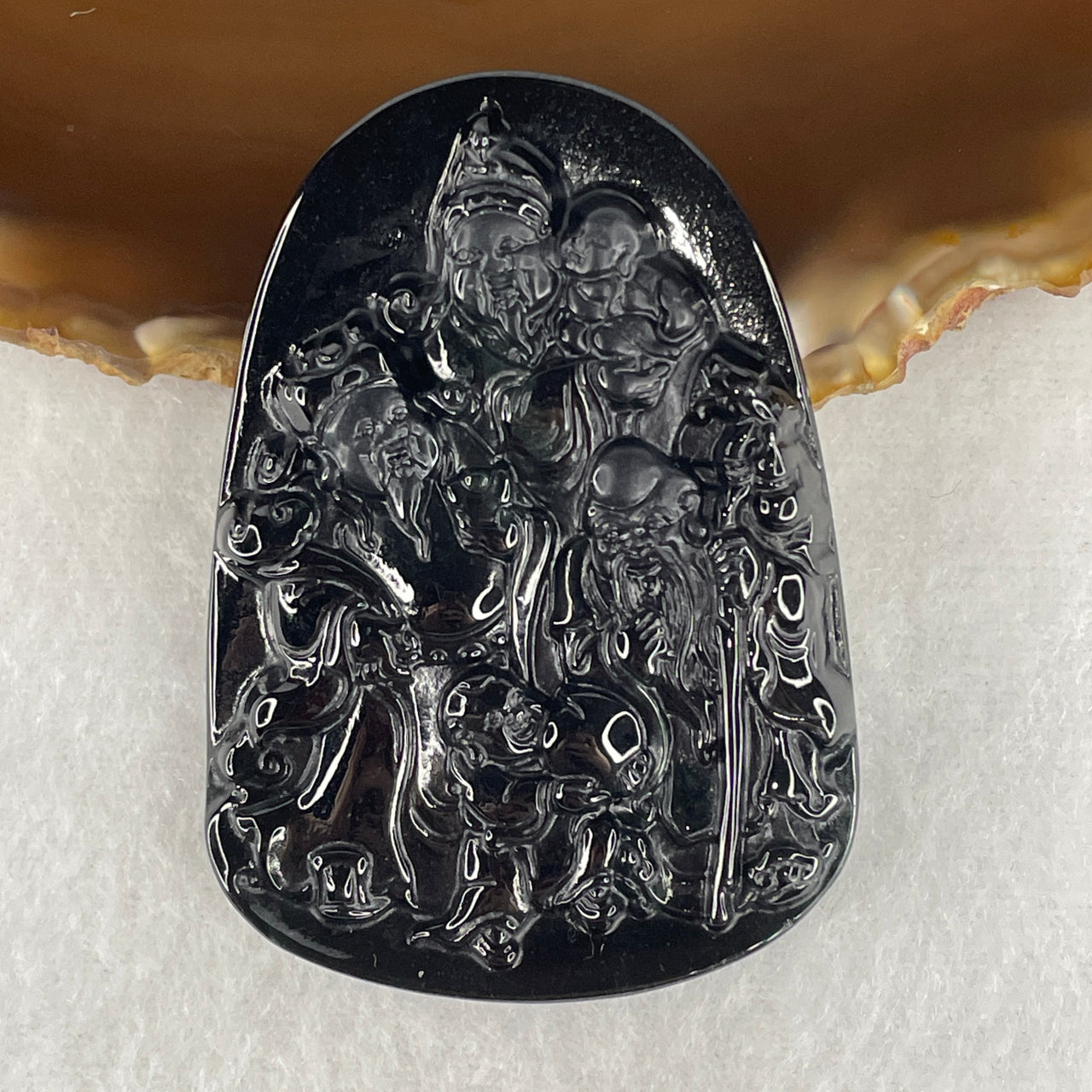 Certified Type A Opaque Black Omphacite Jadeite Fu Lu Shou Pendant | Three Star Deities Prosperity, Status & Longevity Talisman (37.40g | 60.9 x 43.7 x 8.5mm)