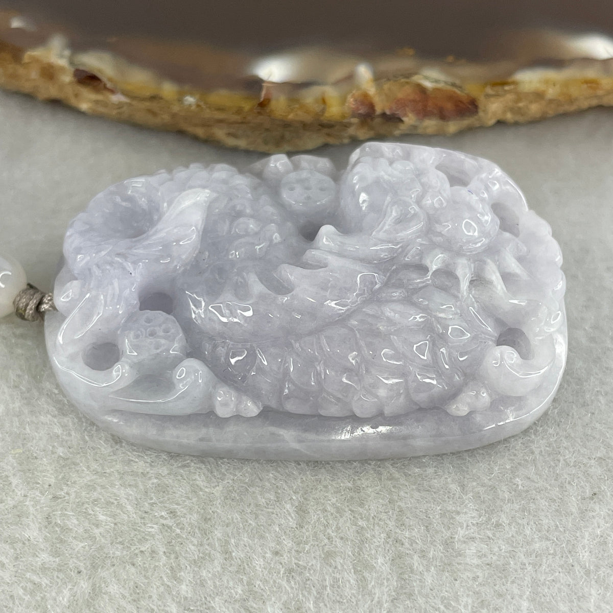 Natural Type A Lavender Jadeite Dragon Carp with Lotus Pendant | Transformation, Academic & Career Success Talisman (37.83g | 47.3 x 32.2 x 12.1mm) - Huangs Jadeite and Jewelry Pte Ltd