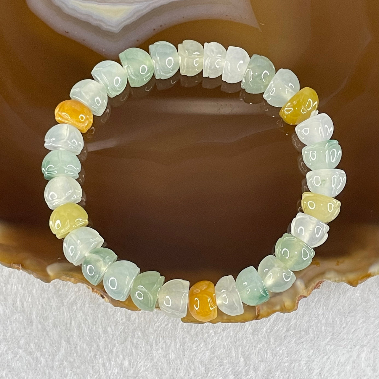 Type A Muti Color (Blueish Green, Green, White and Yellow) Jadeite Lotus Flower Beads Bracelet 19.18g 13cm 8.1 by 5.5cm 30 beads - Huangs Jadeite and Jewelry Pte Ltd