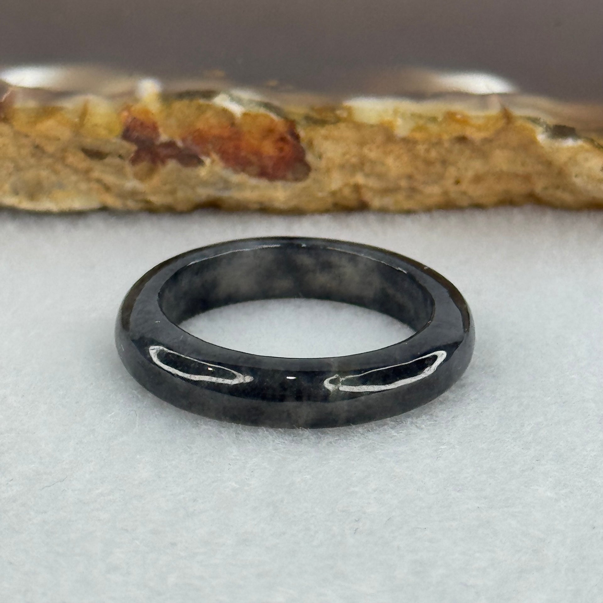 Type A Icy Wuji Black Grey Jadeite Ring 2.58g 4.3 by 3.3mm US 7.75 HK 17 (Very Slight Fine Internal Lines) - Huangs Jadeite and Jewelry Pte Ltd