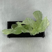 Natural Green Serpentine Double Magpies Birds on Tree with Wooden Stand Display 500.5g 195.0 by 80.0 by 170.0mm - Huangs Jadeite and Jewelry Pte Ltd