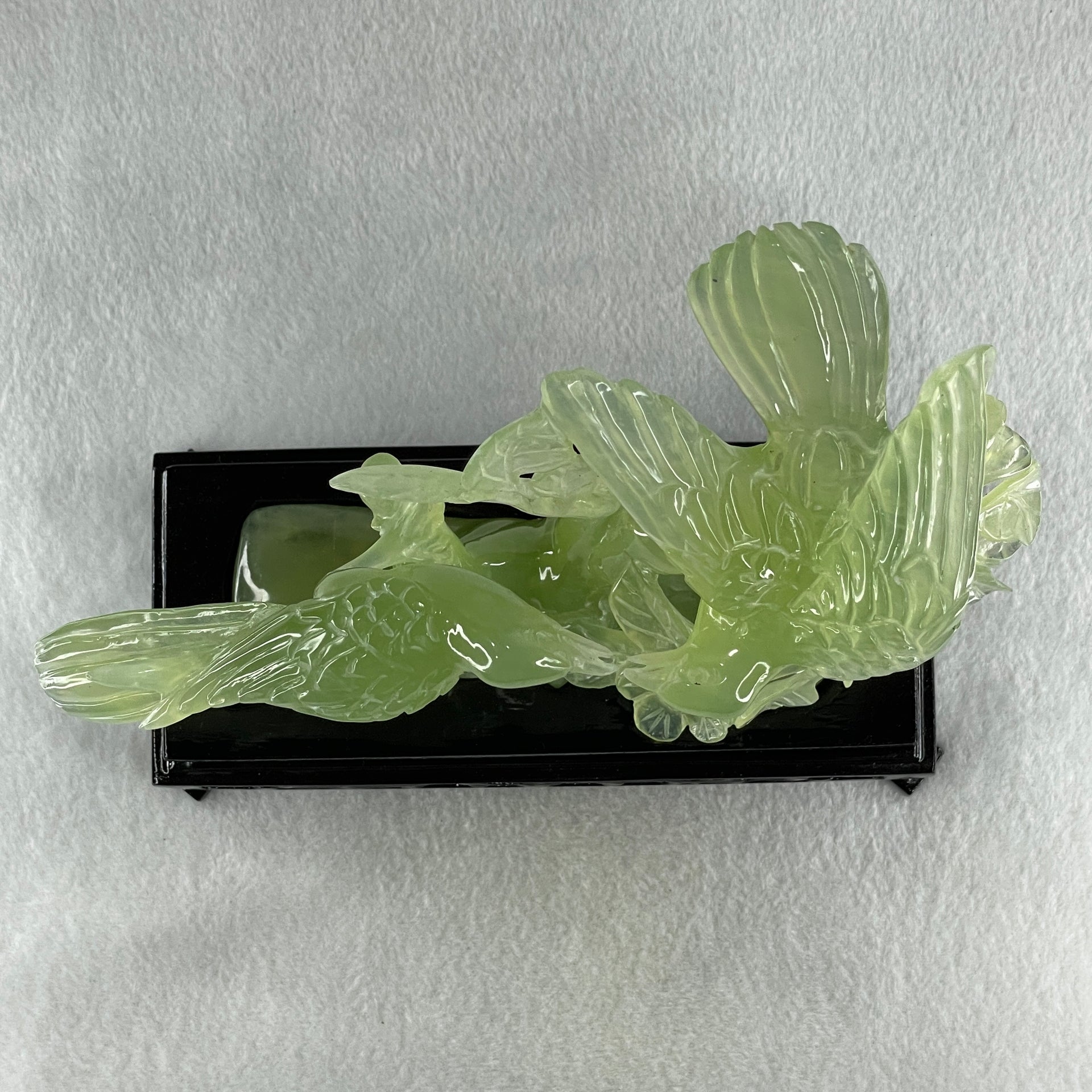 Natural Green Serpentine Double Magpies Birds on Tree with Wooden Stand Display 500.5g 195.0 by 80.0 by 170.0mm - Huangs Jadeite and Jewelry Pte Ltd