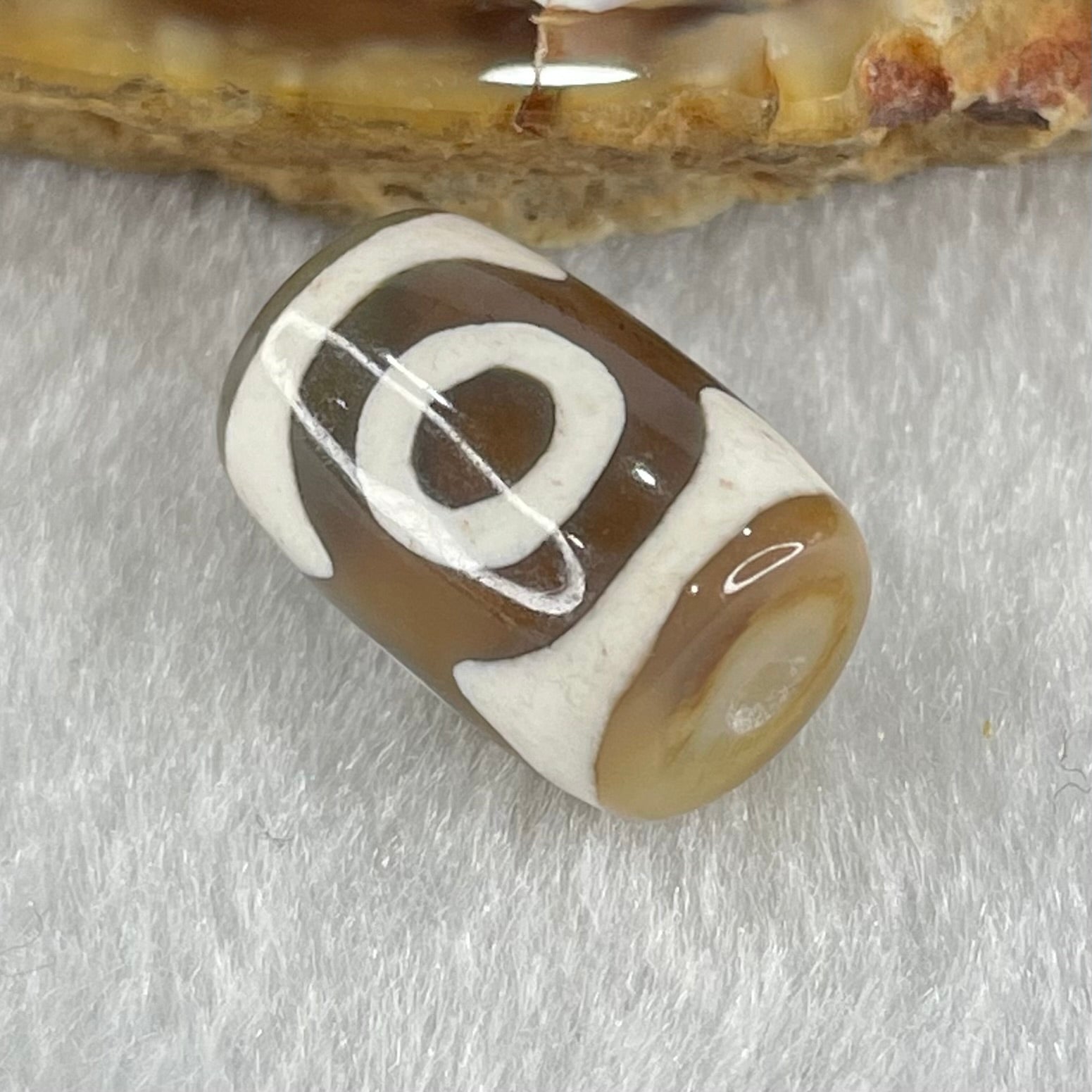 Natural Powerful Tibetan Old Oily Dark Brown With White Agate 3 Eyes Dzi Bead Heavenly Master (Tian Zhu) 三眼天诛 3.19g 15.7 by 10.8mm - Huangs Jadeite and Jewelry Pte Ltd