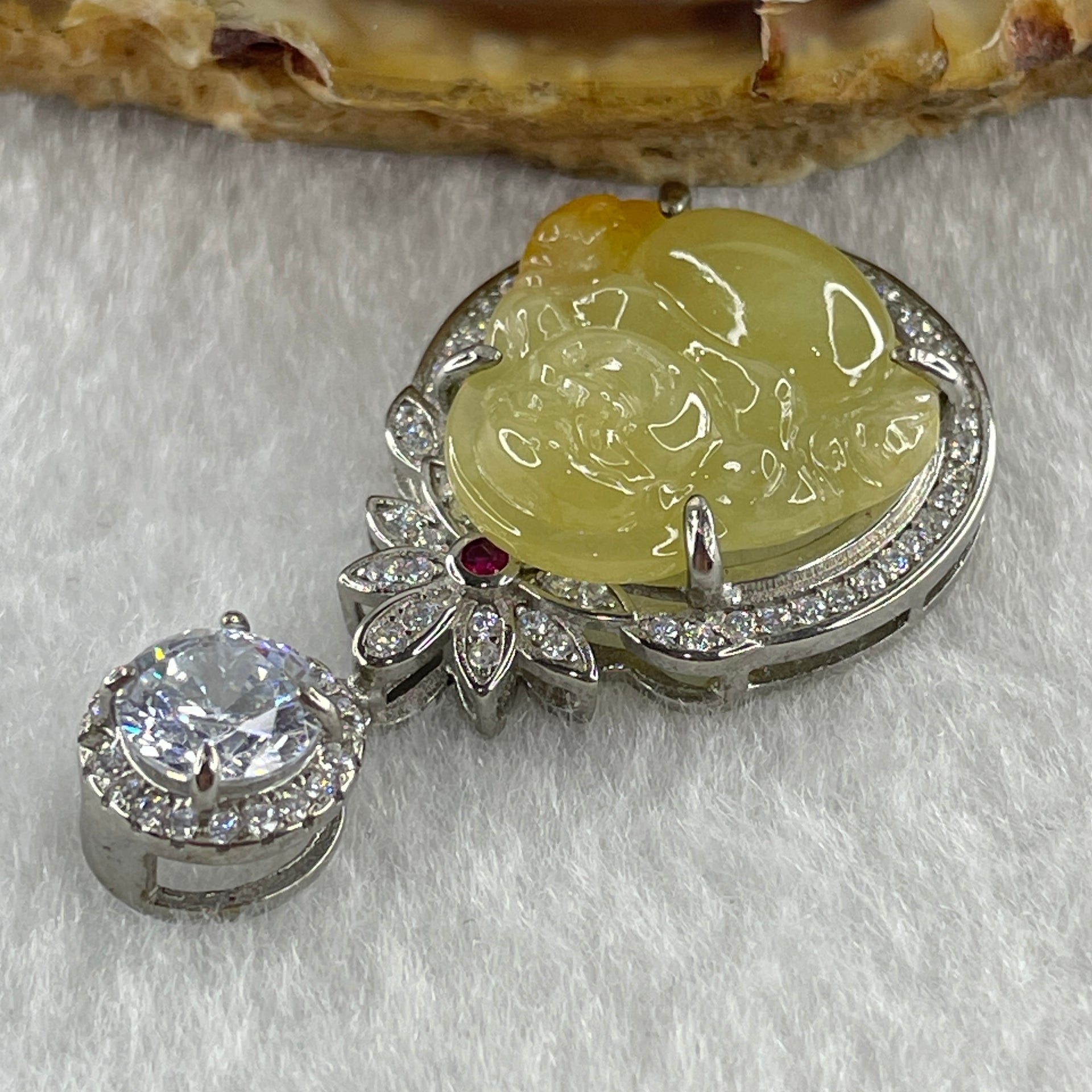 Type A Natural Semi Icy Yellow Jadeite Milo Buddha S925  Silver with Cubic Zirconia Pendant 5.28g 17.1 by 16.5 by 5.0mm - Huangs Jadeite and Jewelry Pte Ltd