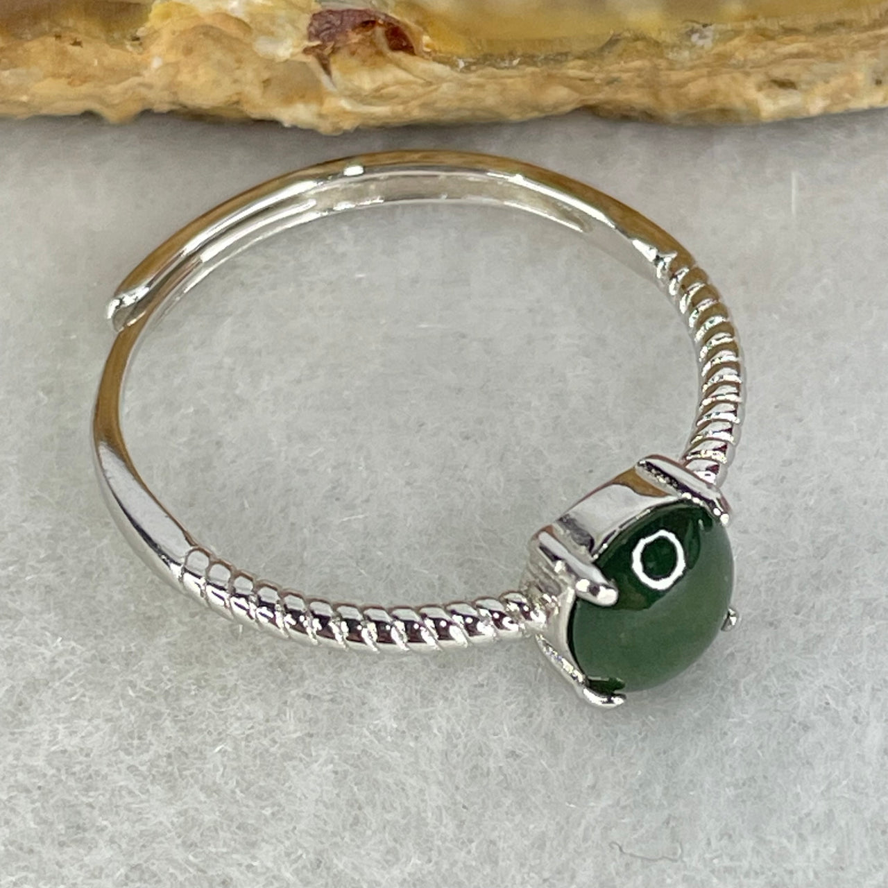 Type A Dark Green Cabochon Jadeite in S925 Sliver Ring (Adjustable Size) 1.15g 6.6 by 5.8 by 2.5mm - Huangs Jadeite and Jewelry Pte Ltd