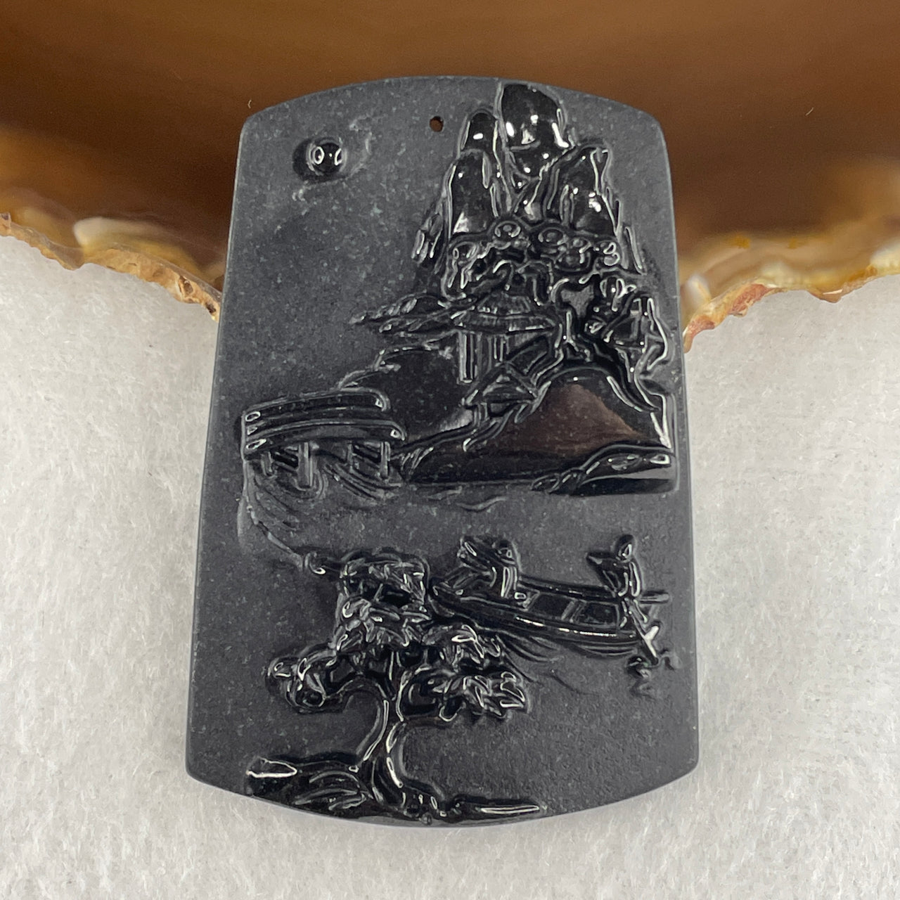 Certified Type A Opaque Black Omphacite Jadeite Shan Shui & Double Gui Ren Pendant | 61mm Natural Black Jade Mountain Water & Benefactor Talisman (18.00g | 61.0 x 41.9 x 6.5mm)