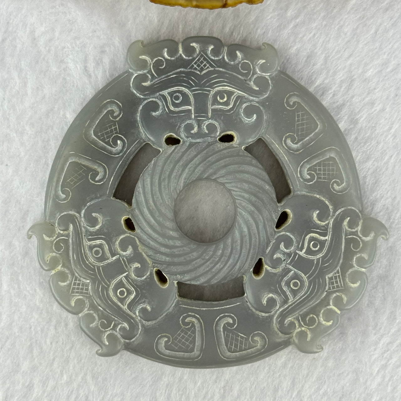 Rare Natural Greyish Lavender Nephrite 3 Mystical Beasts Double Ping An Kou Donut Ornament for Protection and Prosperity 108.05g 80.3 by 73.8 by 10.9mm - Huangs Jadeite and Jewelry Pte Ltd