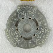 Rare Natural Greyish Lavender Nephrite 3 Mystical Beasts Double Ping An Kou Donut Ornament for Protection and Prosperity 108.05g 80.3 by 73.8 by 10.9mm - Huangs Jadeite and Jewelry Pte Ltd