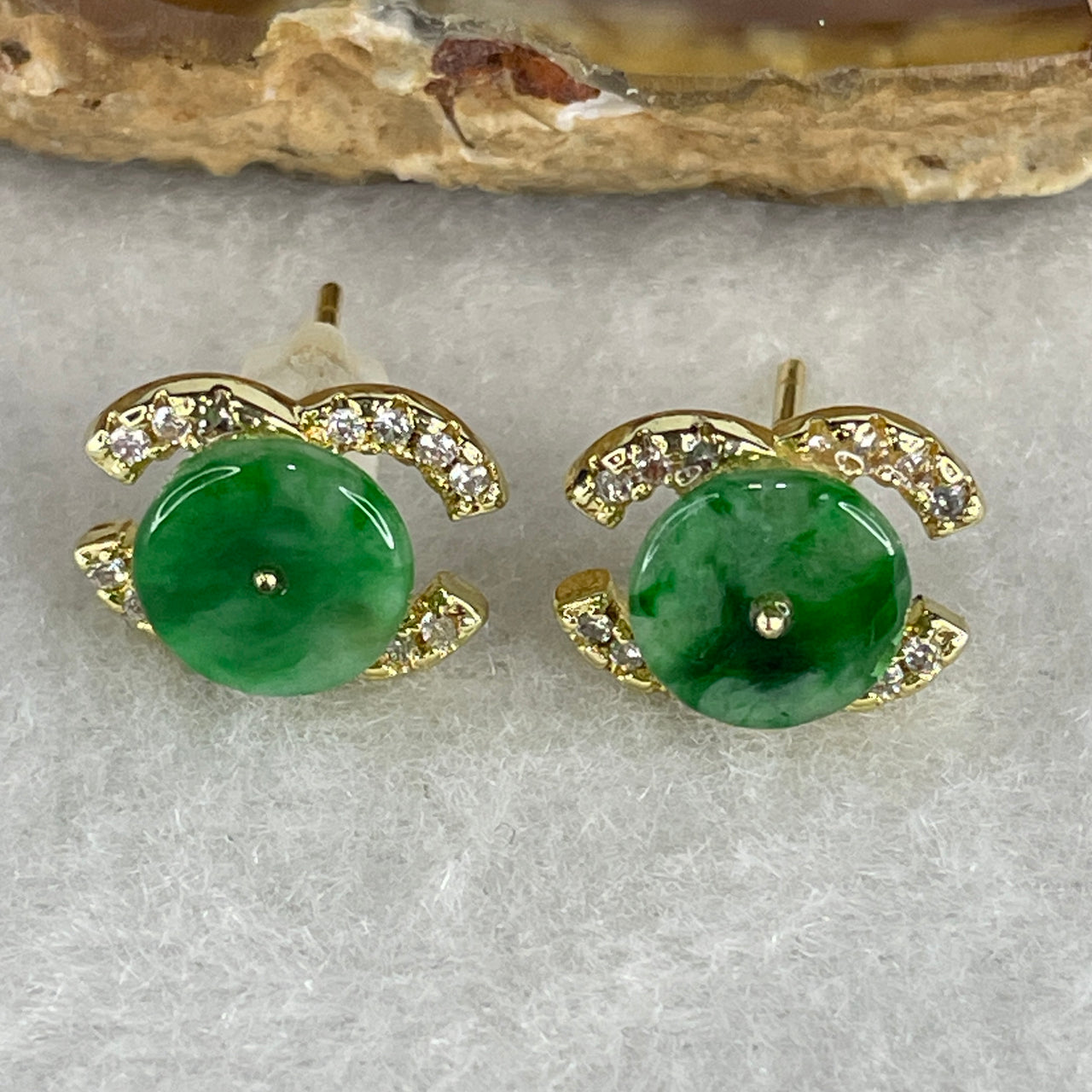 Natural Type A Old Mine Spicy Green Jadeite Earrings | Gold Color Ping An Kou Donut Studs (2.33g, 7.7x2.0mm)
