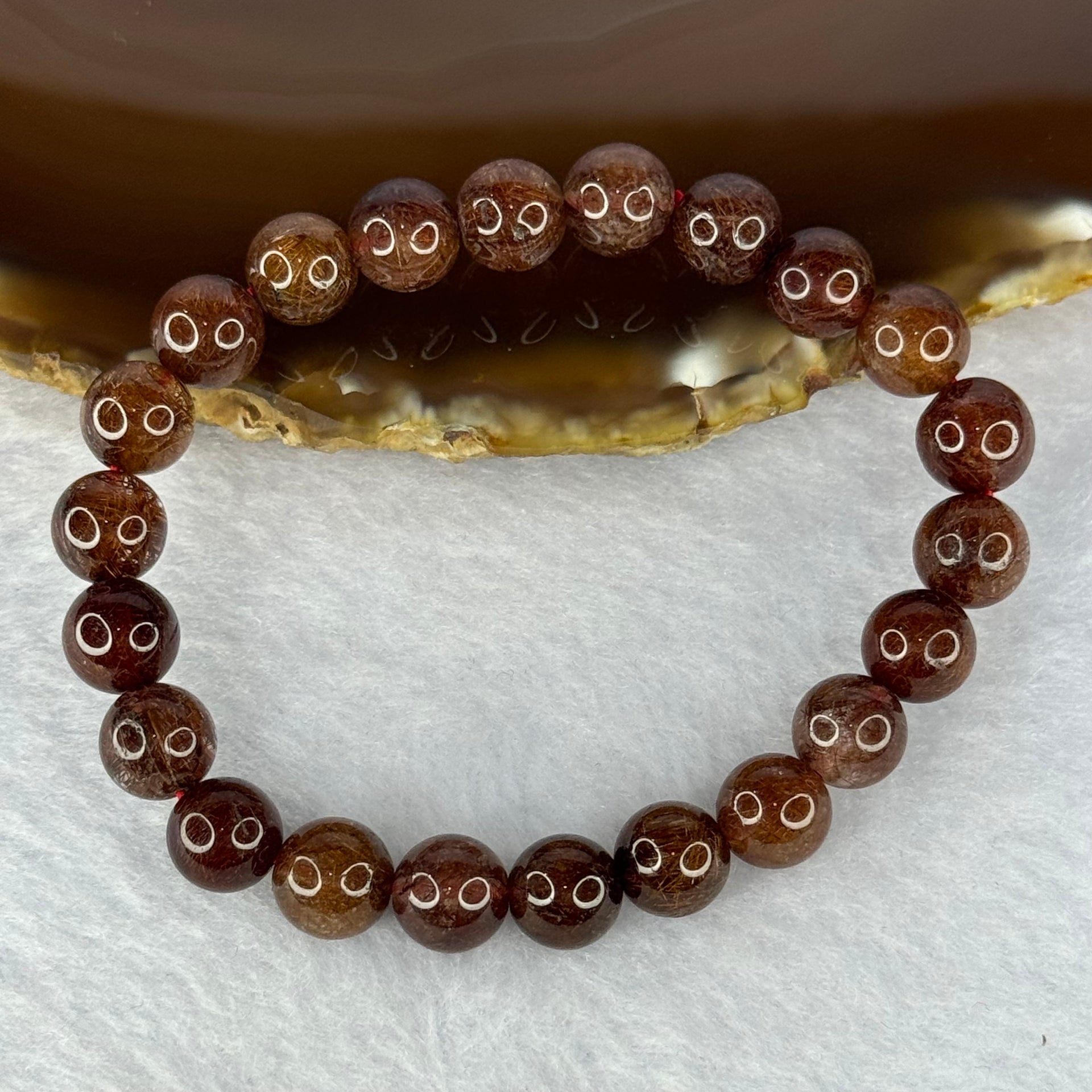 Natural Copper Rutilated Quartz Beads Bracelet 天然銅髮晶手镯 19.38g 16cm 8.9mm 22 Beads - Huangs Jadeite and Jewelry Pte Ltd