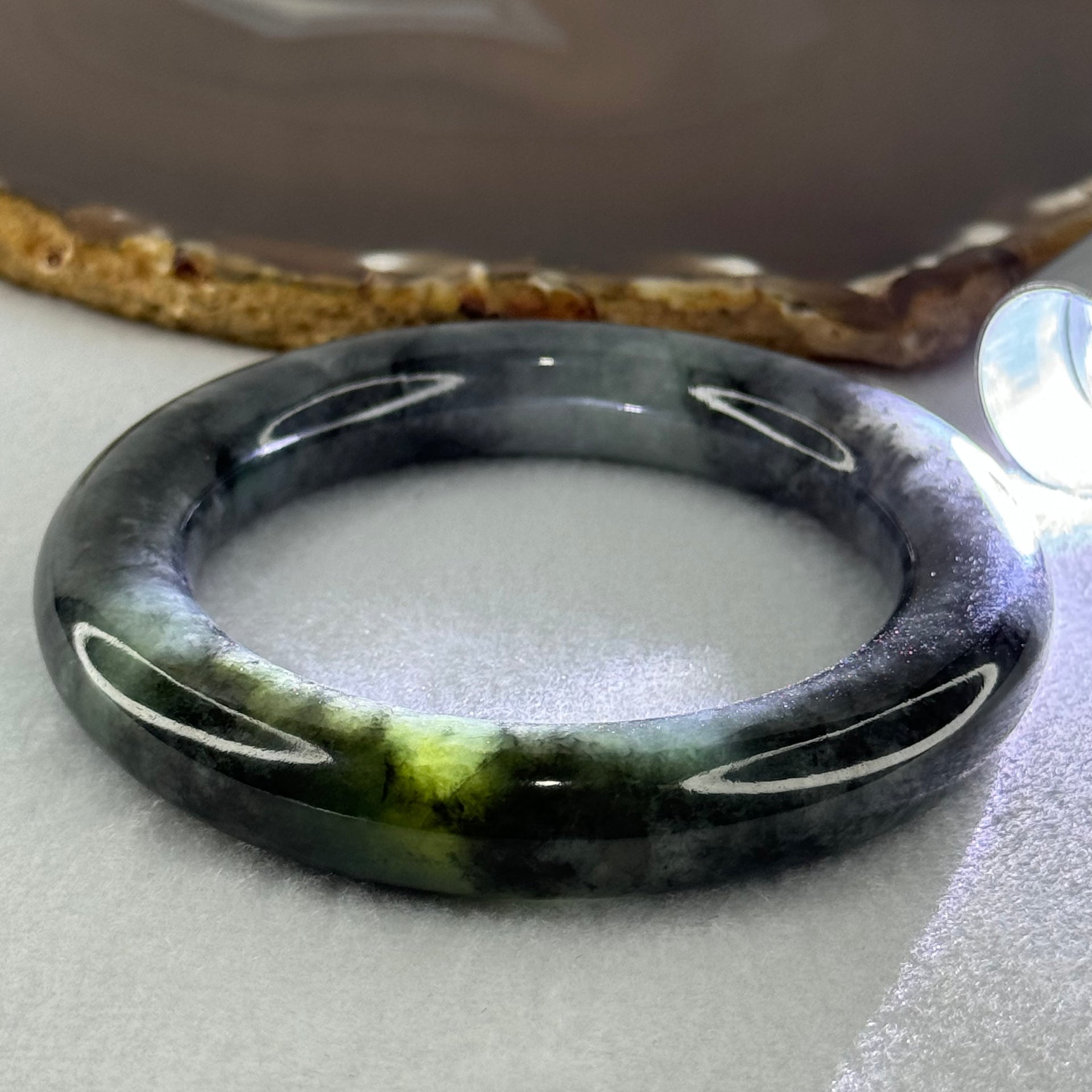Type A Slightly Translucent to Opaque Wuji Black and Green Jadeite Bangle Internal Diameter 56.0mm 89.69g 12.5 by 13.0mm (Very Slight Internal Lines) - Huangs Jadeite and Jewelry Pte Ltd