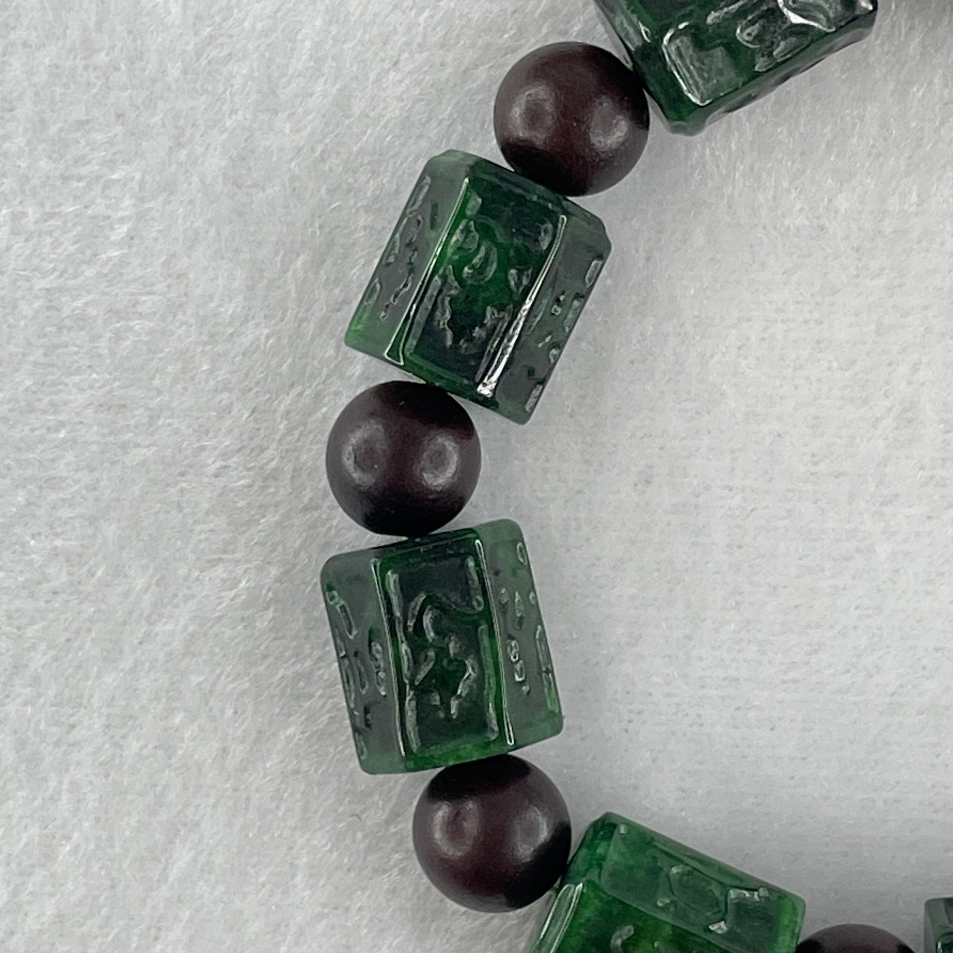 Type A Old Mine Spicy Green Jadeite Om Mani Padme Hum Barrel with Wood Beads Bracelet 55.97g 18cm 12.2 by 13.8mm - Huangs Jadeite and Jewelry Pte Ltd