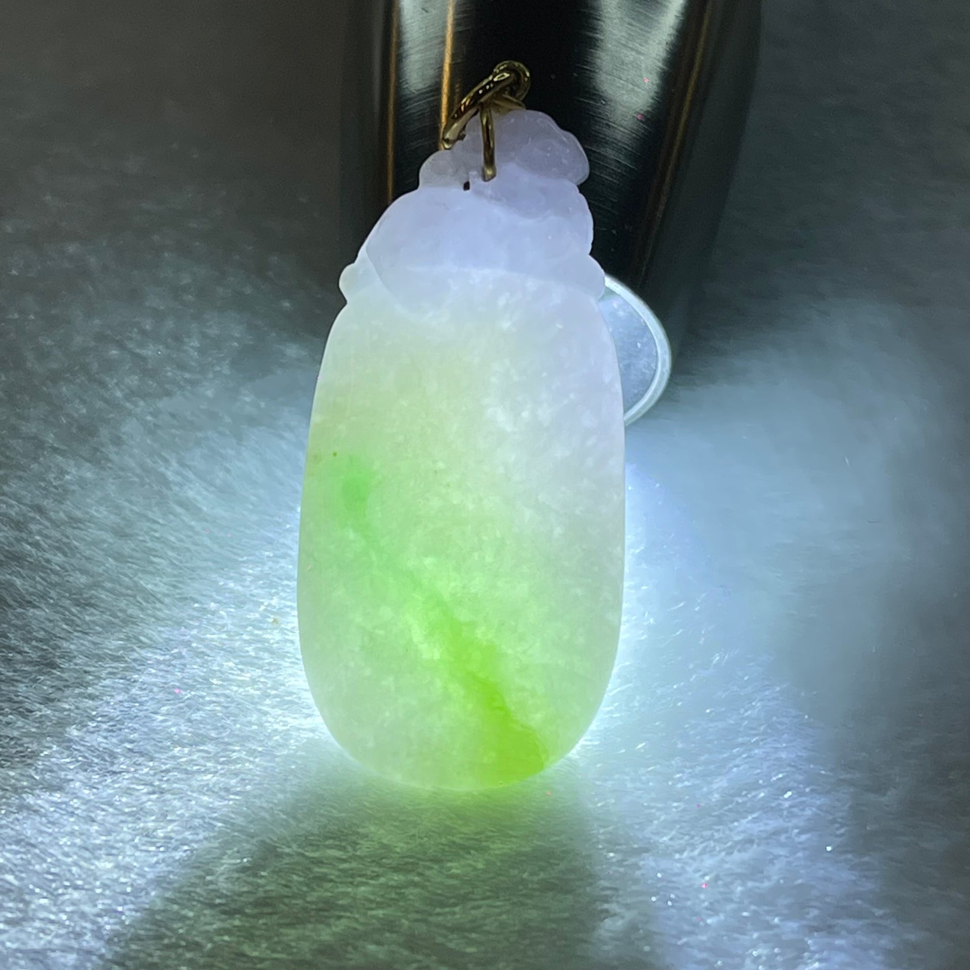 Type A Light Lavender Green with Apple Green Patches Jadeite Pendent with Pi Xiu on Gourd in 18K Yellow Gold Clasp 7.69g 38.8 by 18.2 by 4.7mm - Huangs Jadeite and Jewelry Pte Ltd
