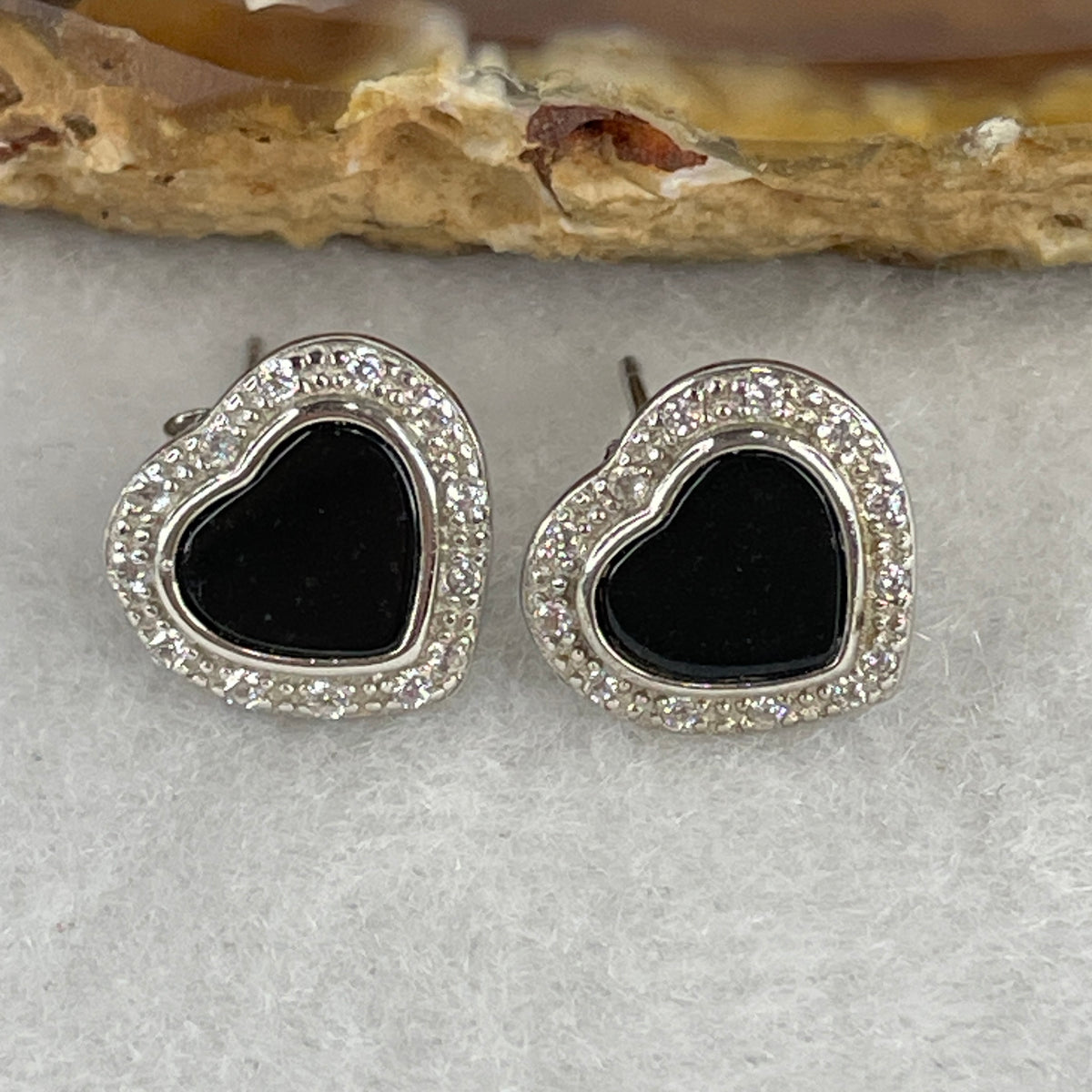 Certified Type A Black Omphacite Jadeite Heart Earrings in S925 Sterling Silver | Romantic Protection Studs (2.58g | 6.3 x 7.5 x 1.5mm)