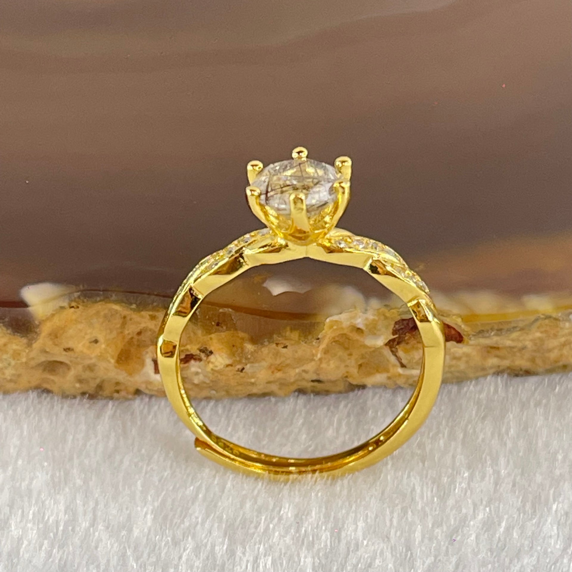 Natural Quartz with Black Tourmaline and Cubic Zirconia in S925 Sliver Gold Color Ring (Adjustable Size) 1.63g 5.7 by 3.8mm - Huangs Jadeite and Jewelry Pte Ltd