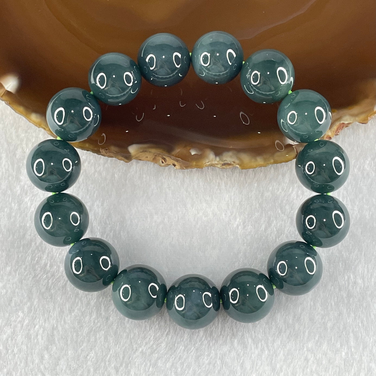 Type A Old Mine Dark Blueish Green Jadeite Beads Bracelet 69.38g 16.5cm 14.0mm 15 Beads - Huangs Jadeite and Jewelry Pte Ltd