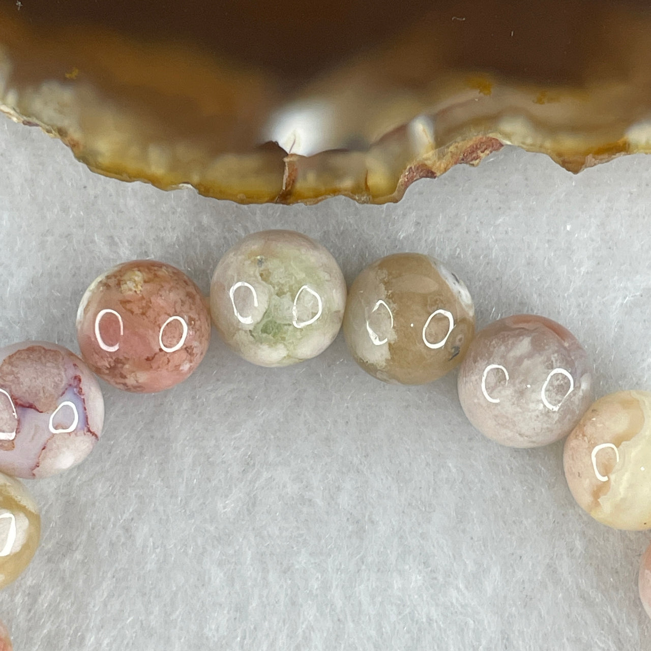 Natural Pinkish & Yellow Flower Agate Bead Bracelet | Untreated Cherry Blossom Agate Stretch Bracelet (26.33g | 15.5cm Wrist | 10.3mm | 19 Beads)