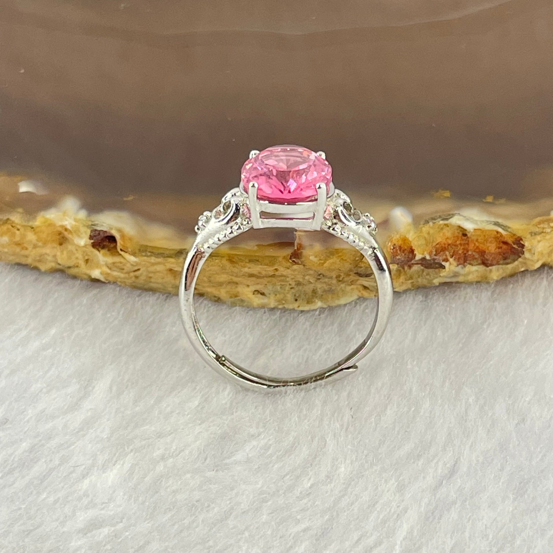 Pink Cubic Zirconia with Crystals in PT950 Plated Sliver Ring (Adjustable Size) 1.95g 9.7 by 7.8 by 5.2mm - Huangs Jadeite and Jewelry Pte Ltd