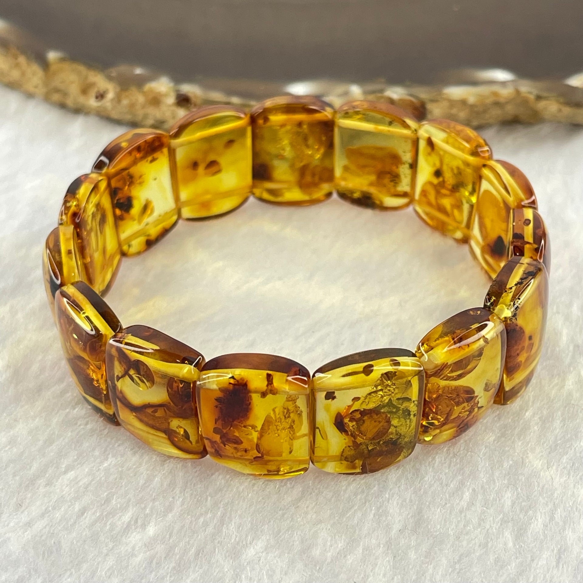 Natural Yellow Flower Amber Shou Pai Bracelet 天然花珀手牌手链 14.27g 17.5cm 18.6 by 12.7 by 4.8mm 15pcs - Huangs Jadeite and Jewelry Pte Ltd