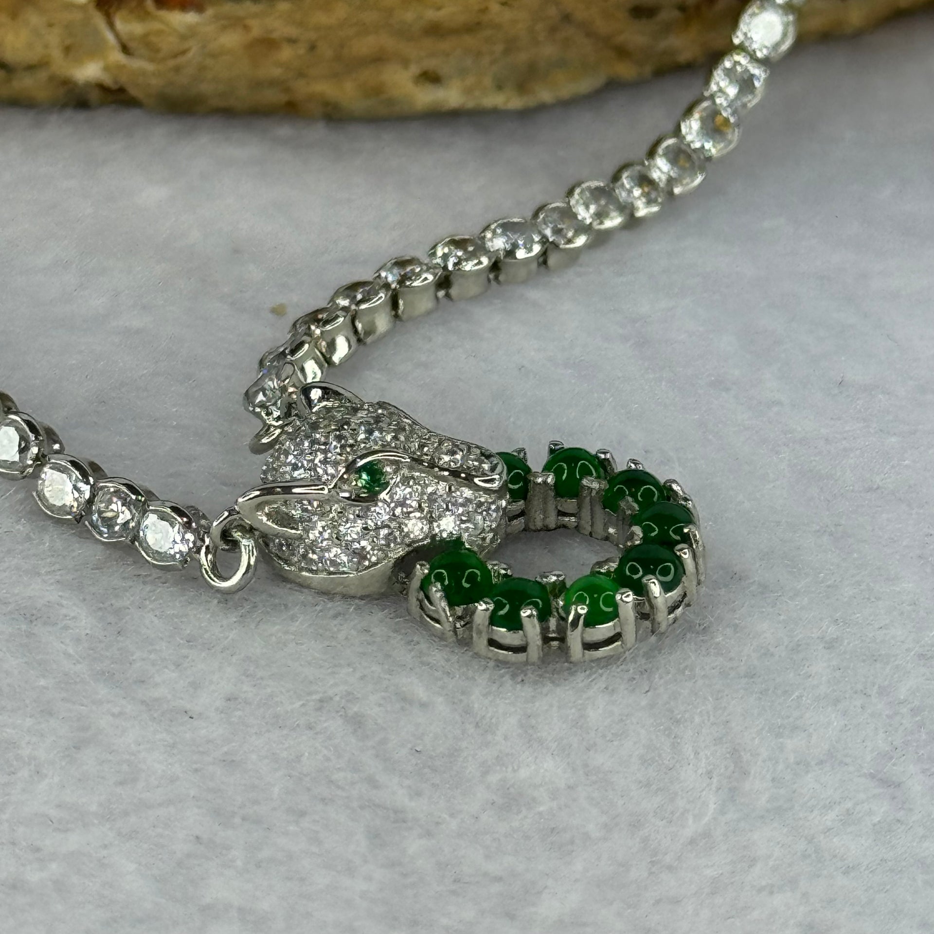 Type A Icy Green Omphasite Jadeite Panther Charm with Crystals in S925 Sliver Necklace 13.29g 2.3 by 1.5mm 8pcs - Huangs Jadeite and Jewelry Pte Ltd