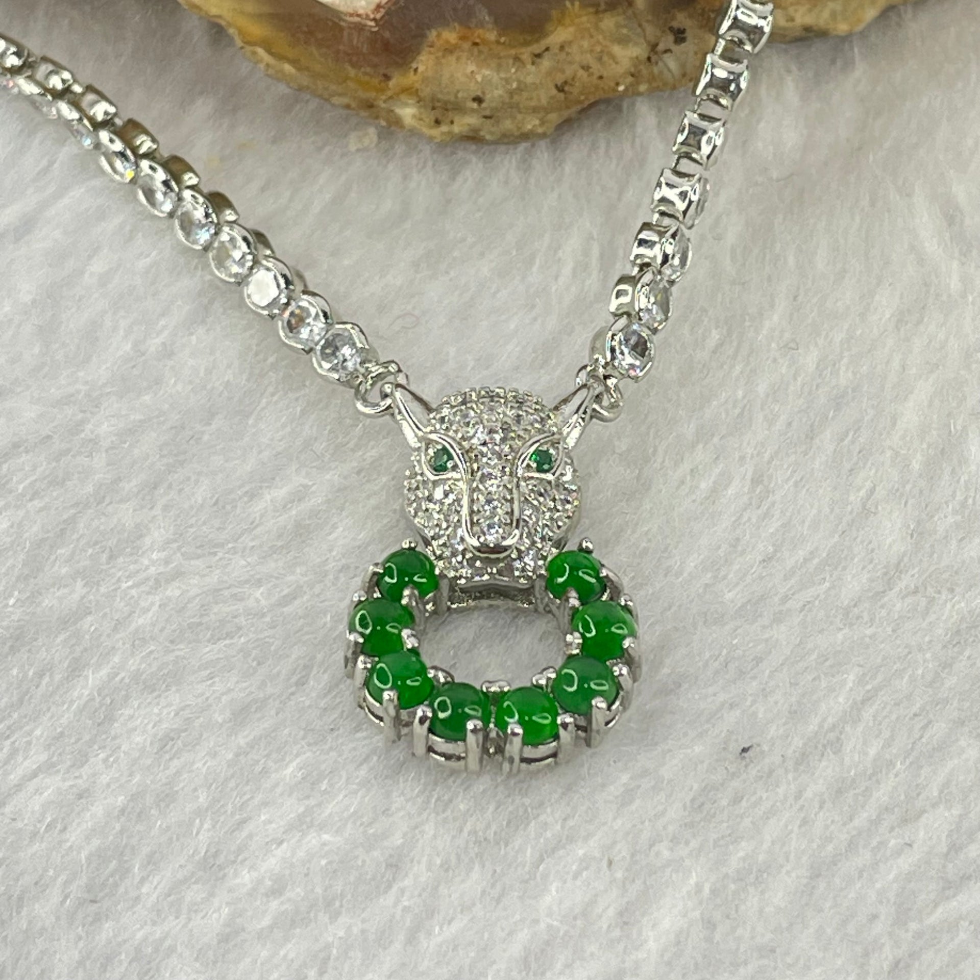 Type A Icy Green Omphasite Jadeite Panther with Crystals in S925 Crystals Necklace 13.38g 3.3 by 1.5mm 8pcs - Huangs Jadeite and Jewelry Pte Ltd