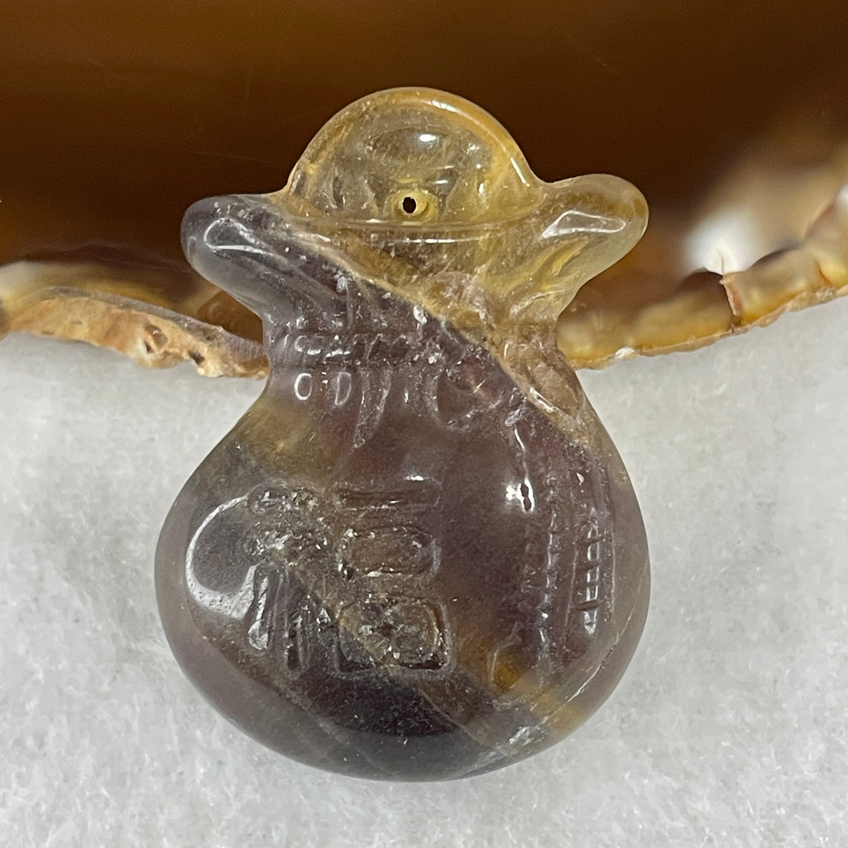 Natural Yellow & Purple Bi-Color Fluorite Money Bag Pendant | Carved Wealth Pouch & Abundance Talisman (21.79g | 39.5 x 27.9 x 11.2mm)