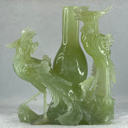 Natural Green Serpentine Double Phoenix on Tree and Vase with Wooden Stand Display 1,377.4g 180.0 by 210.0 by 86.0mm - Huangs Jadeite and Jewelry Pte Ltd
