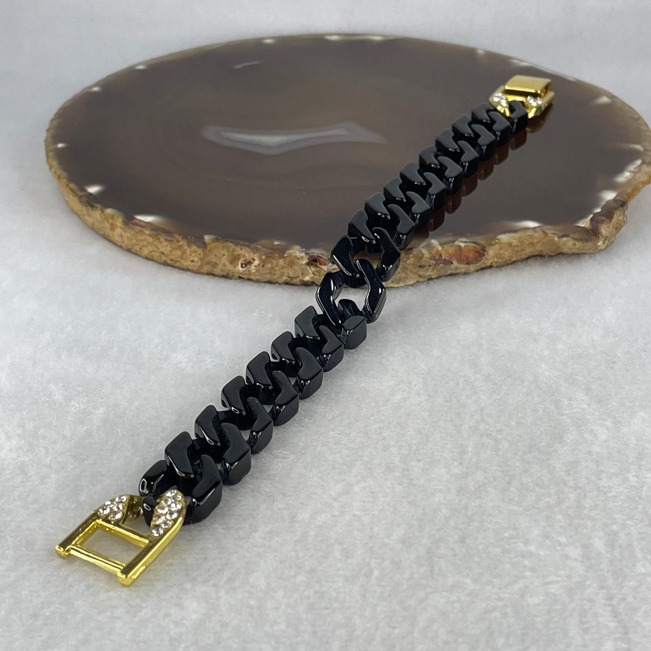 Certified Natural Type A Black Omphacite Jadeite Cuban Tennis Bracelet with Gold Color and Cubic Zirconia Clasp 29.30g Up to 19cm 14.0 by 5.0mm 17 Pcs