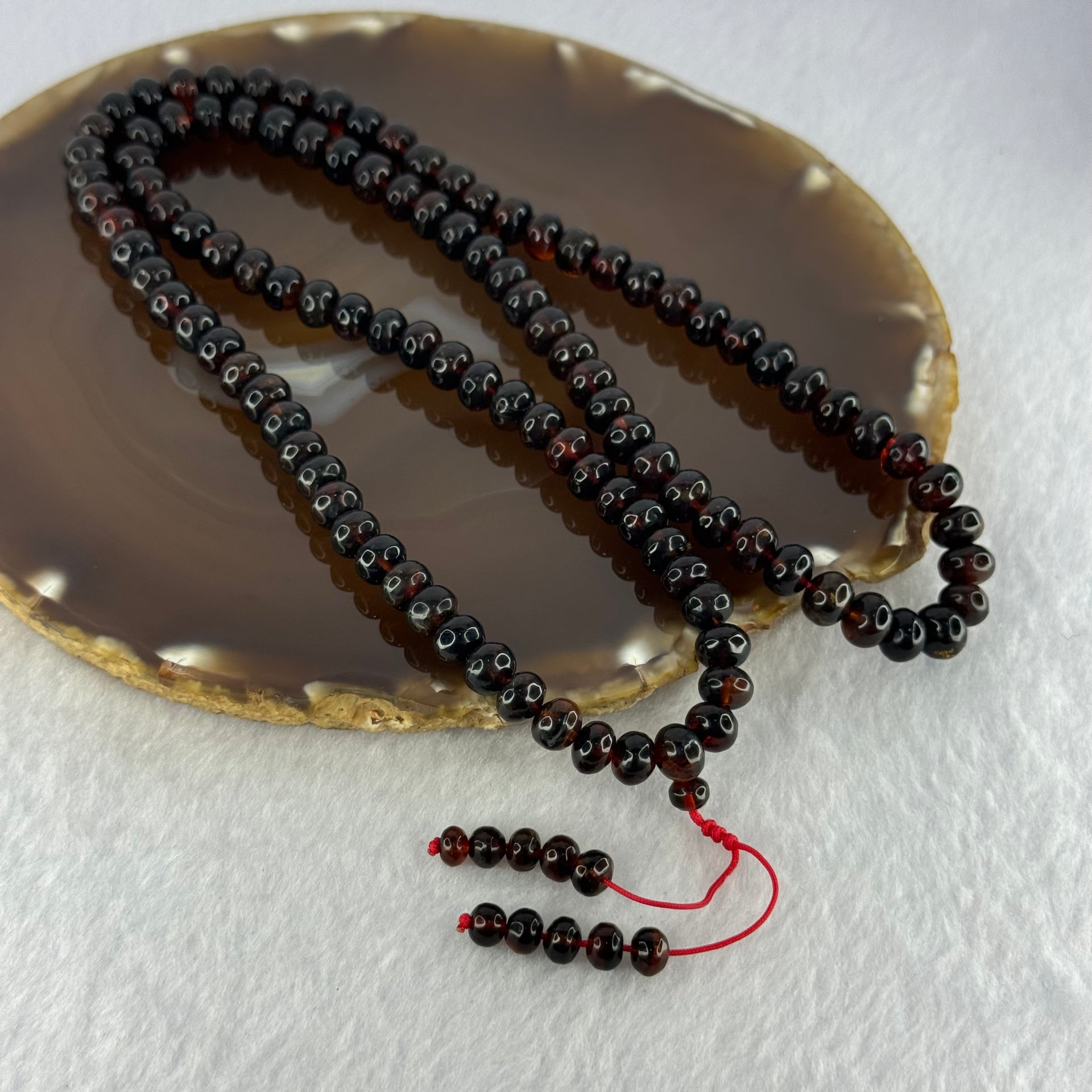 Natural Red Black Flower Amber Beads Necklace 天然琥珀项链 21.83g 62cm 7.5 by 6.0mm 1 Beads 7.4mm 108 Beads - Huangs Jadeite and Jewelry Pte Ltd