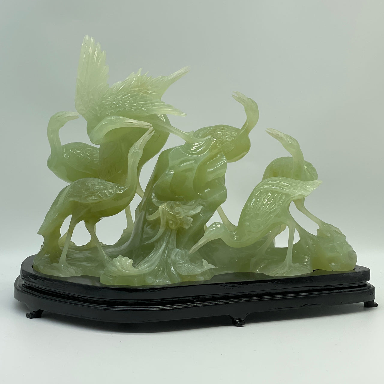 Natural Light Green Serpentine 7 Cranes with Fish on River with Wooden Stand Display 3,067.0g 320.0 by 165.0 by 240.0mm