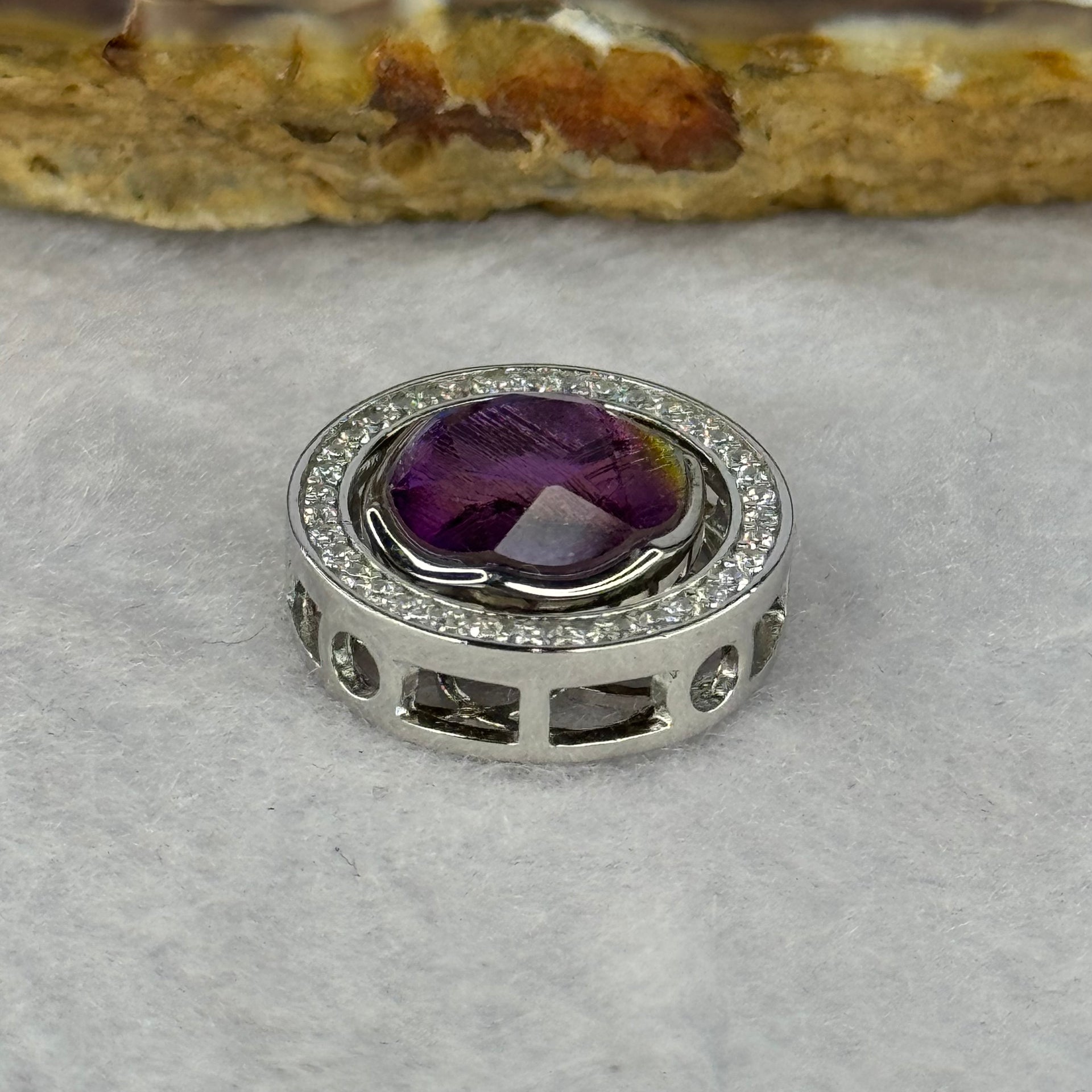 Natural Meteorite Spinning High Energy Feng Shui Charm in S925 Silver with Crystals For Necklace / Bracelet (Purple with Yellow Color) 4.10g 16.8 by 7.3mm - Huangs Jadeite and Jewelry Pte Ltd