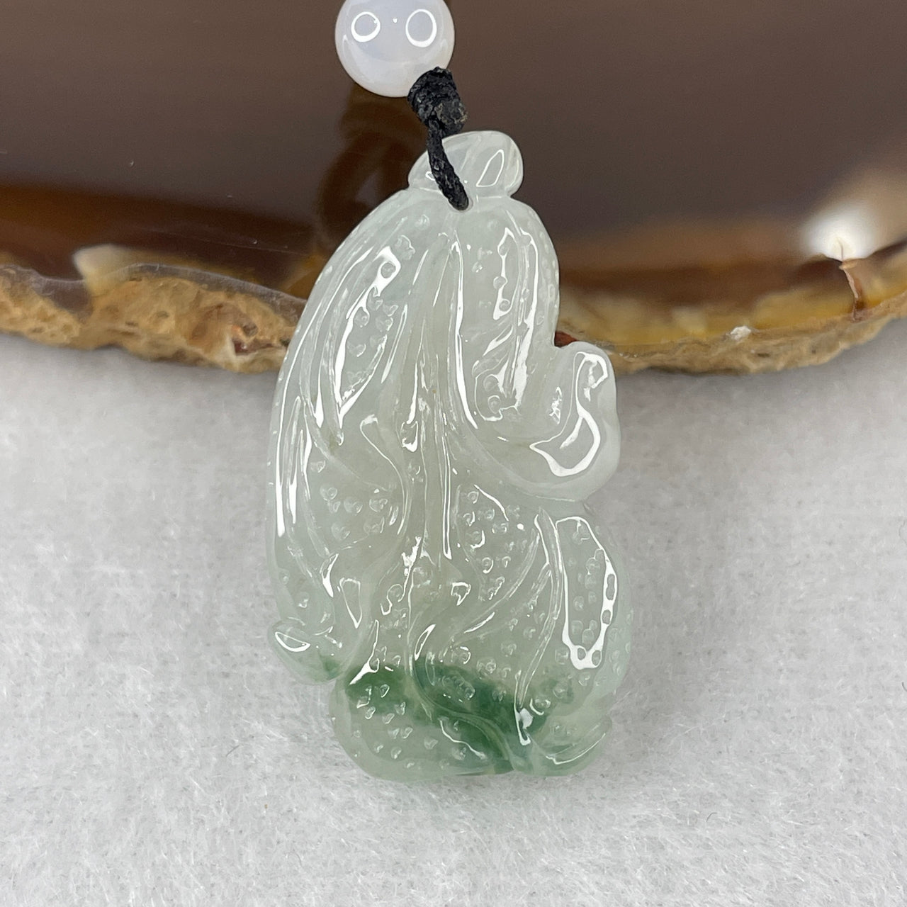 Natural Type A Semi-Icy Faint Blueish Green & Green Jadeite "Cabbage" Pendant | 100% Untreated Master Carved Fei Cui Wealth Talisman (12.68g | 34.0mm × 19.3mm × 9.3mm)