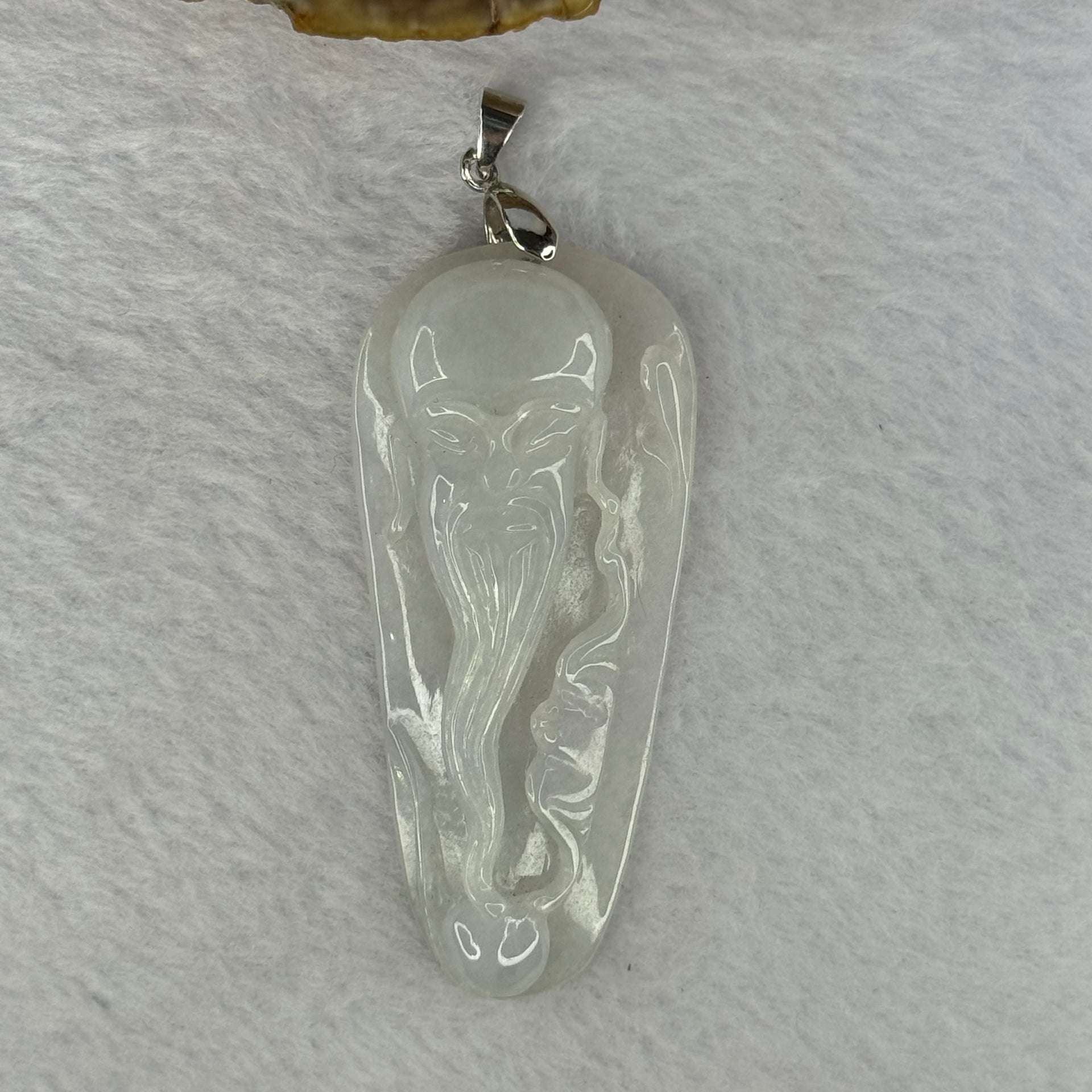 Type A Light Lavender Green Jadeite Shou Xing Gong Pendent With 18KGP Sliver Claps 24.08g 64.4 by 29.3 by 9.8mm - Huangs Jadeite and Jewelry Pte Ltd
