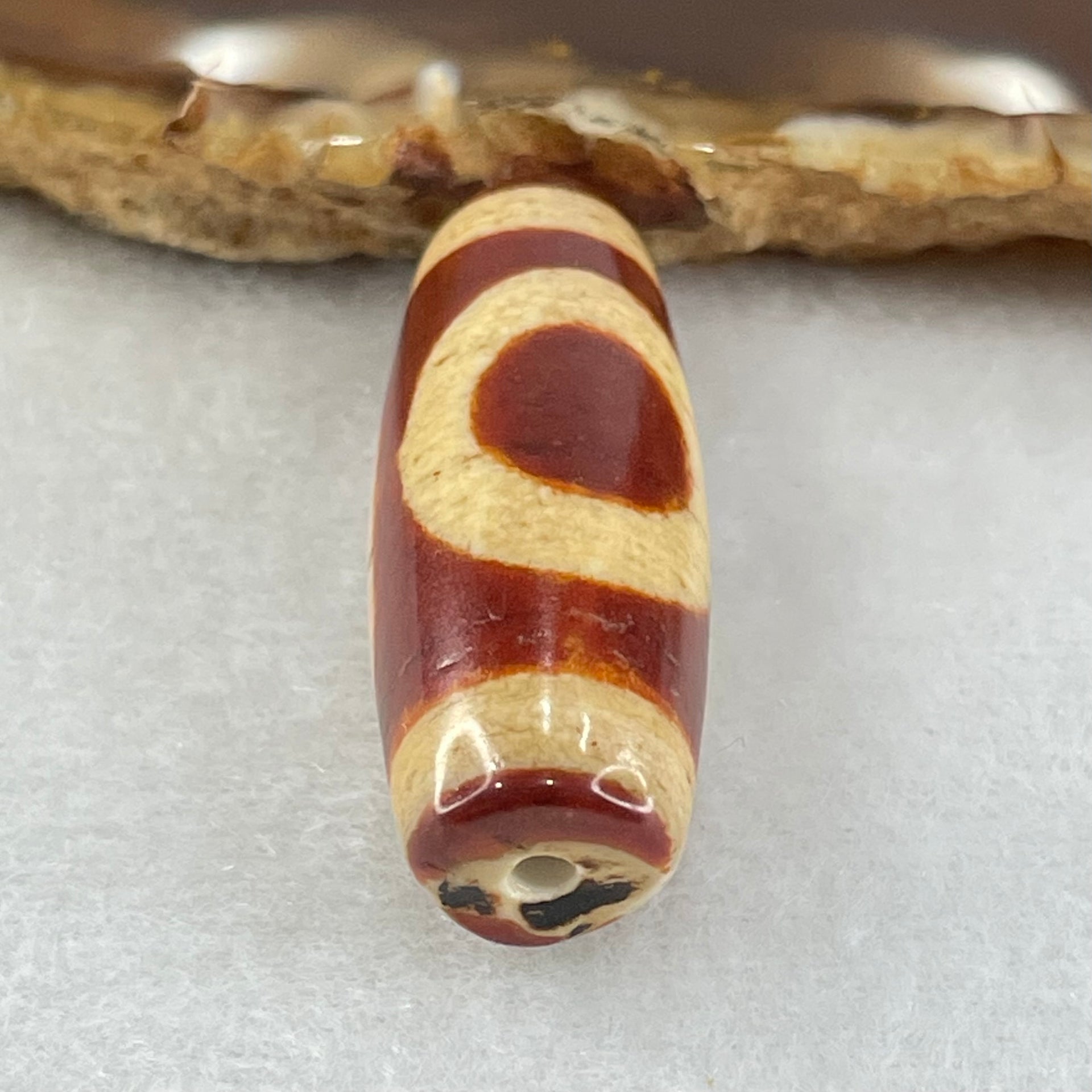 Natural Powerful Tibetan Old Oily Red White Agate One Eye Fire Sign Dzi Bead Heavenly Master (Tian Zhu) 一眼火天珠 9.70g 37.1 by 13.0mm - Huangs Jadeite and Jewelry Pte Ltd