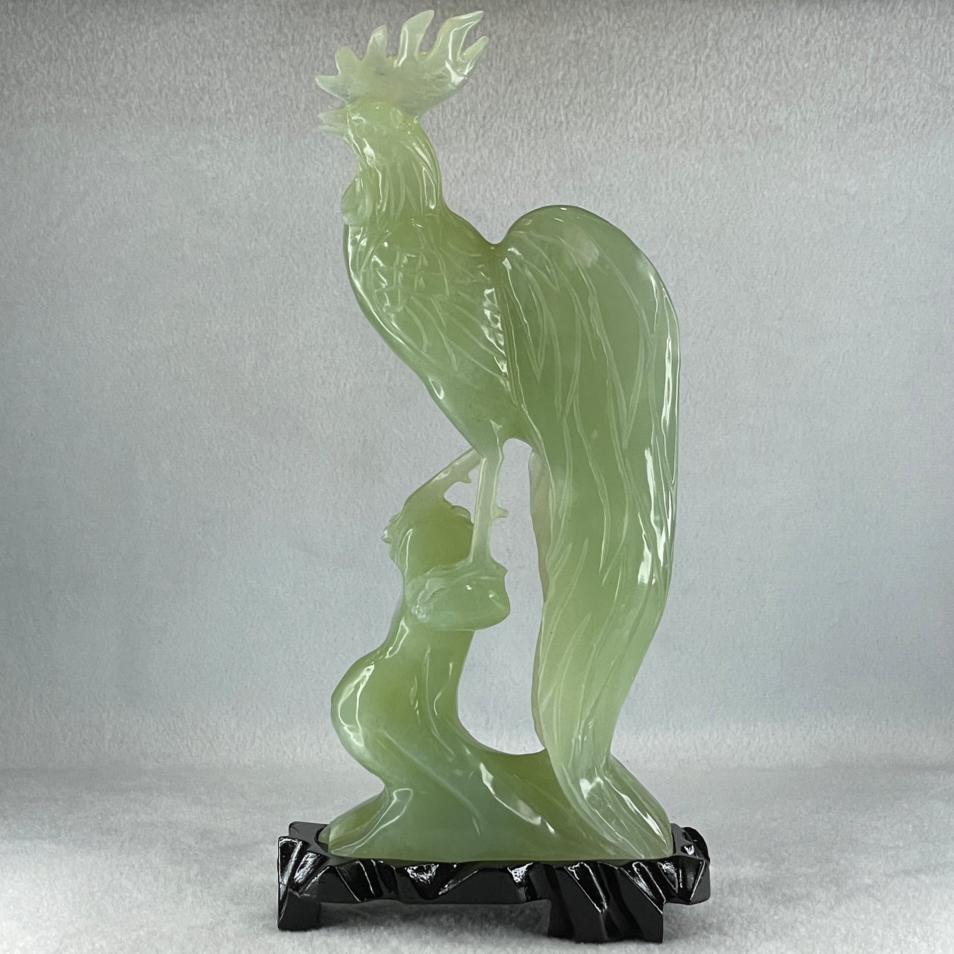 Natural Green Serpentine Rooster on Tree with Wooden Stand Display 820.9g 128.0 by 265.0 by 62.0mm - Huangs Jadeite and Jewelry Pte Ltd
