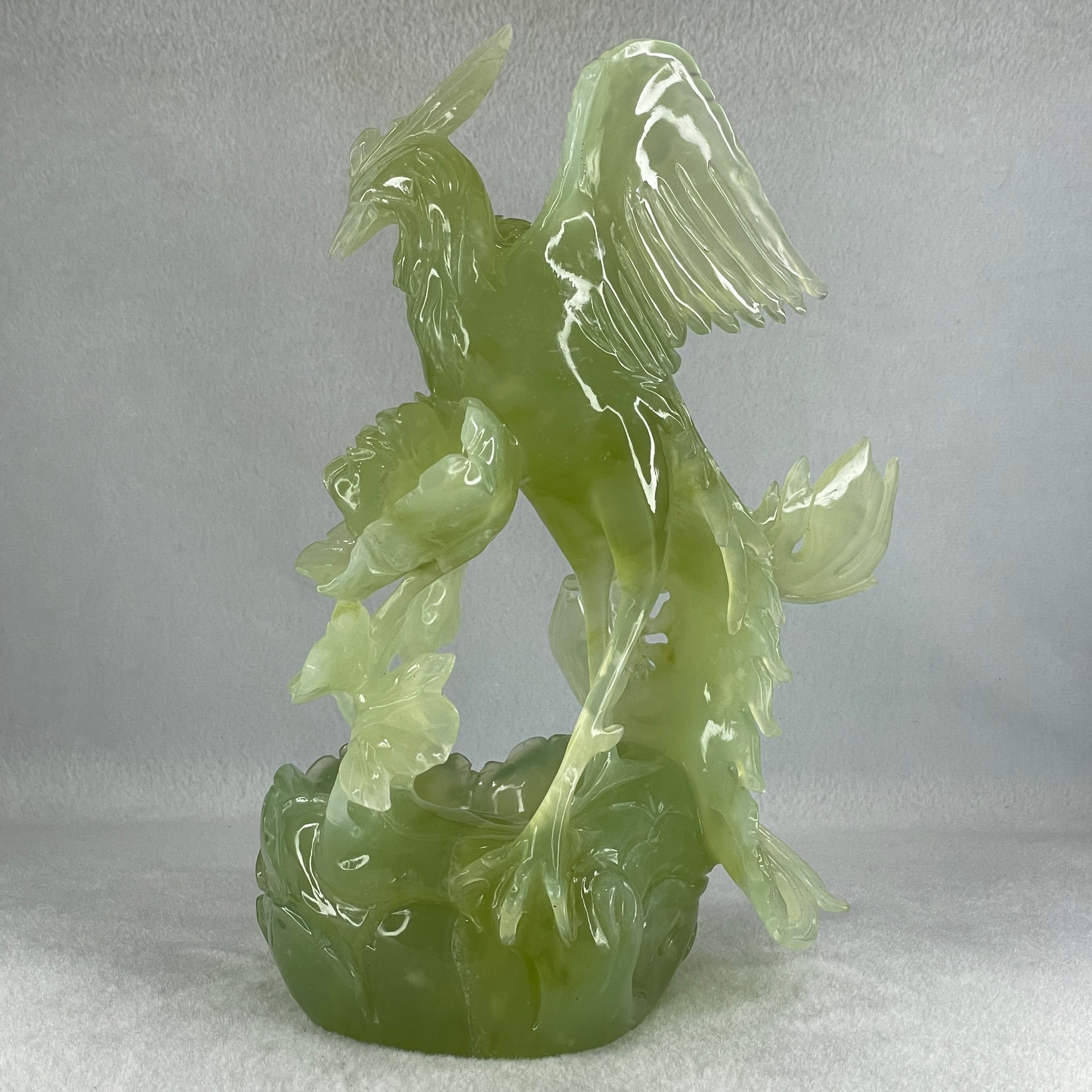 Natural Semi Icy Green Serpentine Phoenix on Pond and Flower Display 1,488.3g 175.0 by 230.0 by 129.0mm - Huangs Jadeite and Jewelry Pte Ltd
