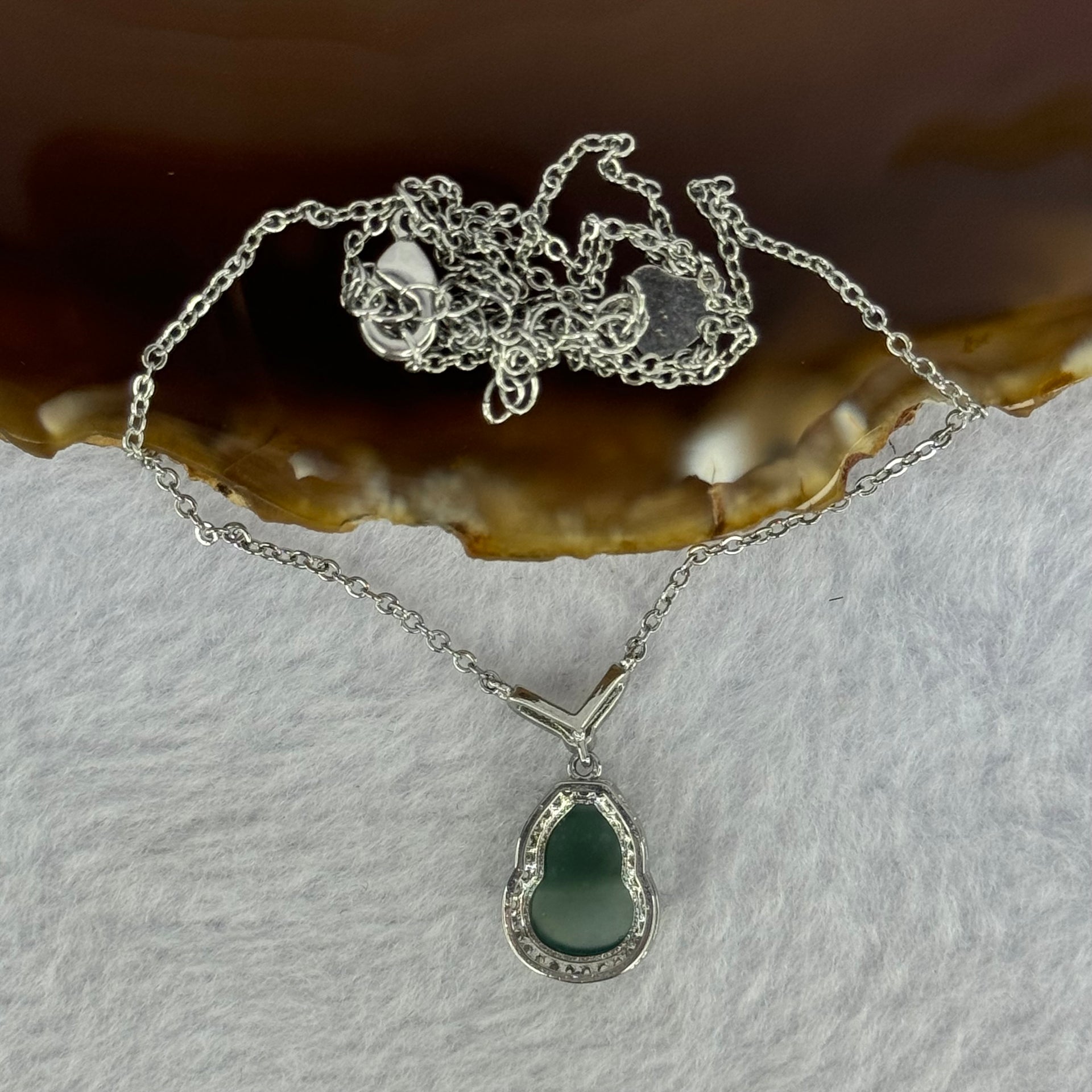 Type A Icy Blueish Green Jadeite Hulu Pendent in S925 Sliver Necklace 3.19g 11.1 by 8.2 by 2.5mm - Huangs Jadeite and Jewelry Pte Ltd