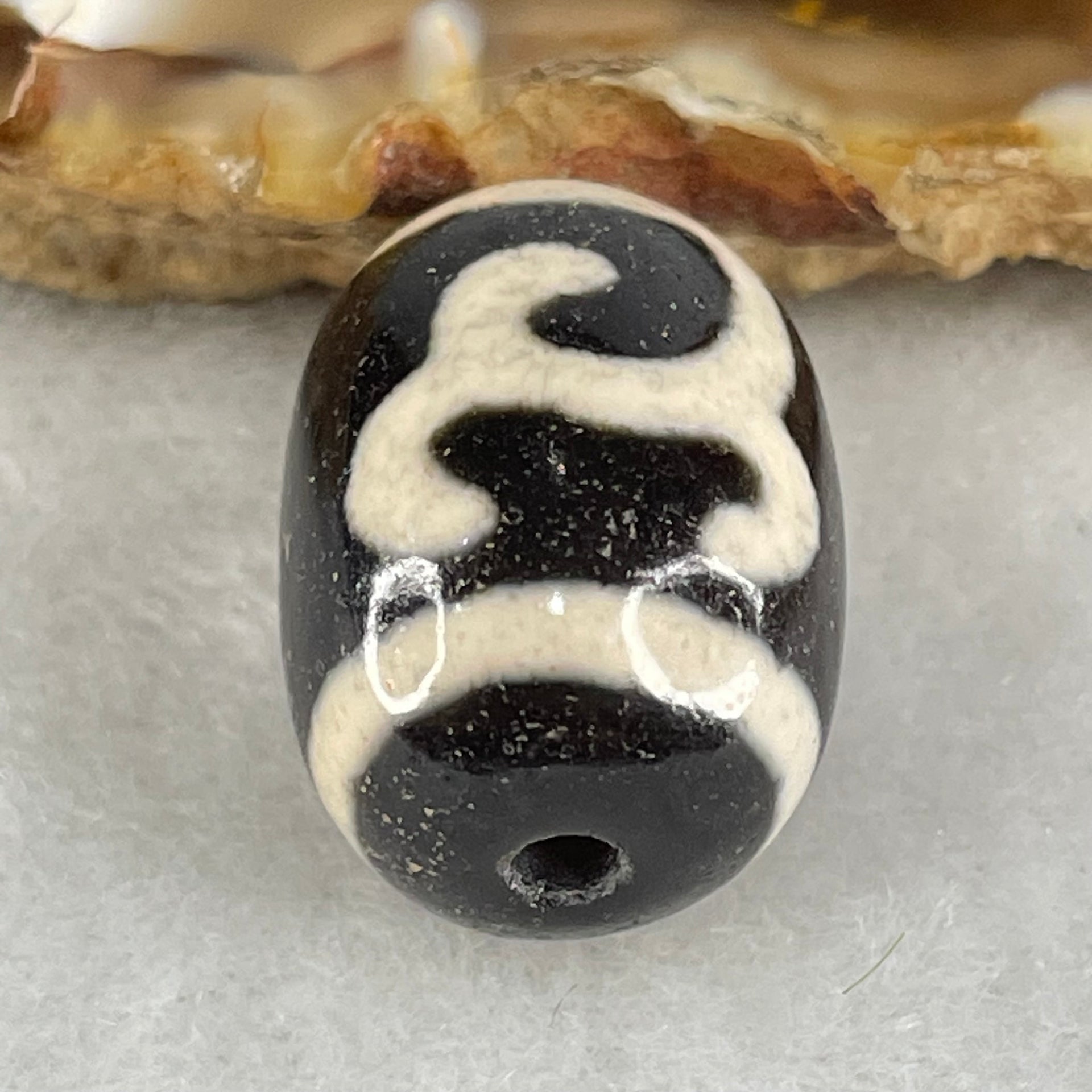 Natural Powerful Tibetan Old Oily Black White Agate Green Tara Dzi Bead Heavenly Master (Tian Zhu) 绿度母天珠 4.99g 17.9 by 13.4mm - Huangs Jadeite and Jewelry Pte Ltd