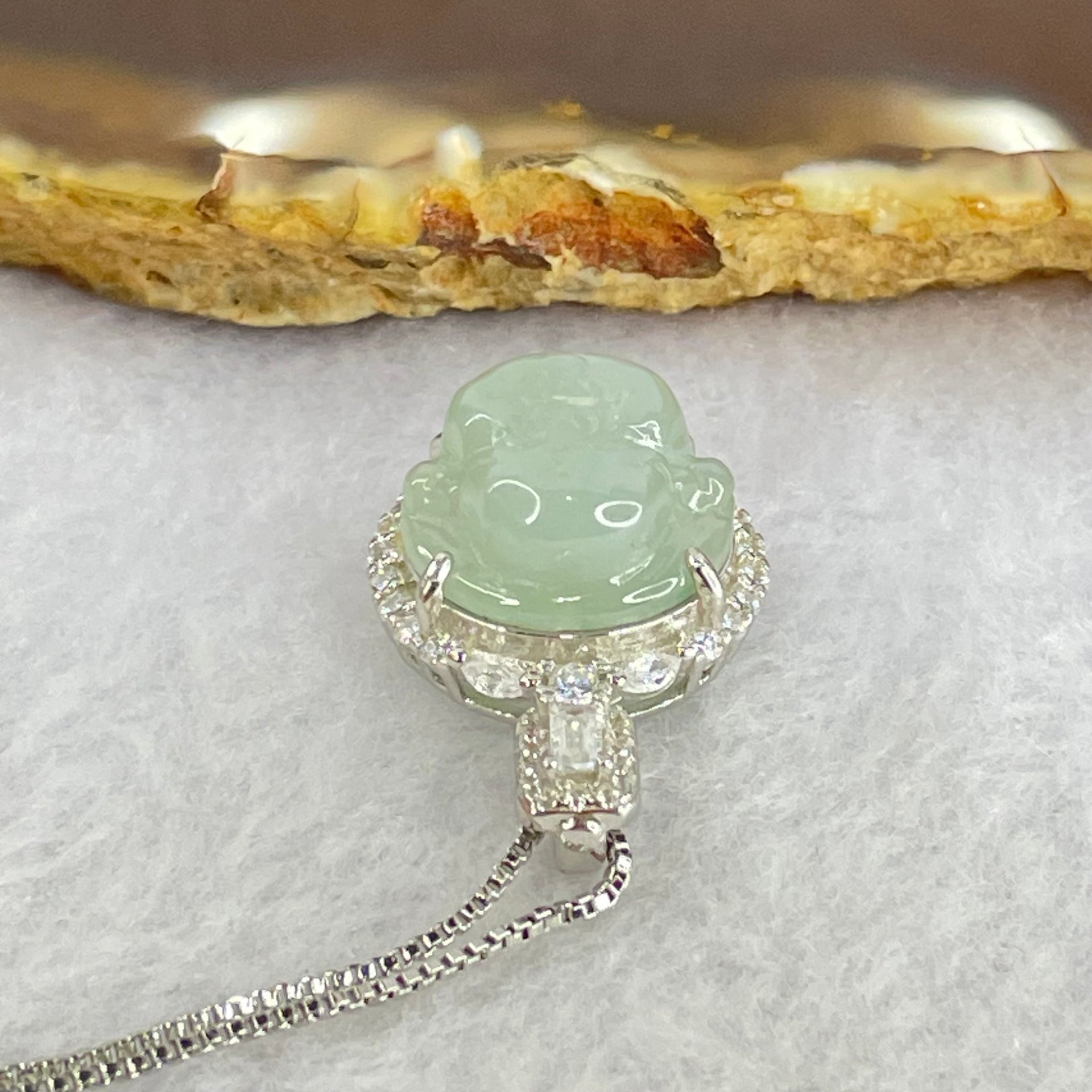 Type A Semi Icy Light Blueish Green Milo Buddha with Crystals in S925 Sliver Pendant and Necklace 6.13g 14.9 by 14.9 by 7.8mm - Huangs Jadeite and Jewelry Pte Ltd