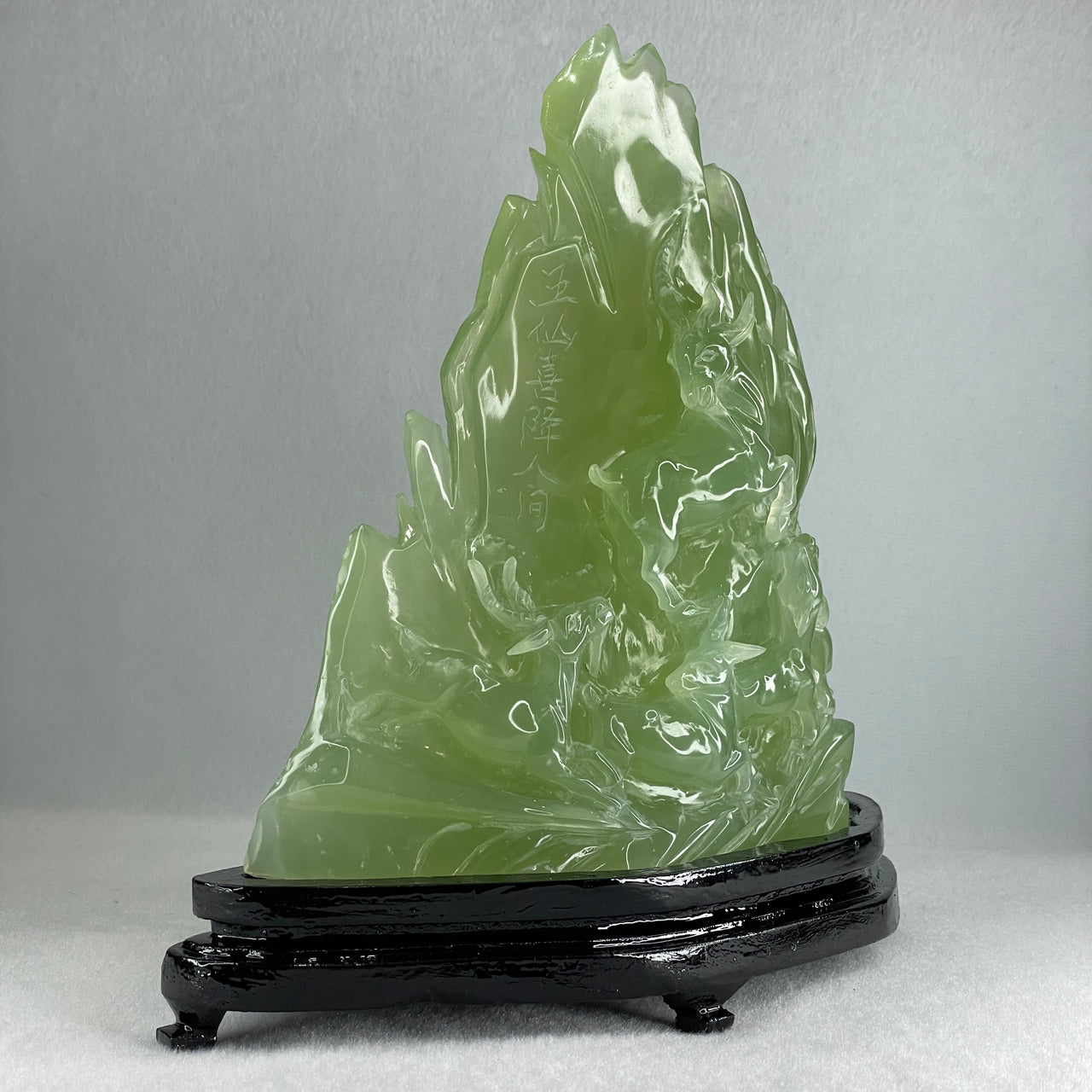 Natural Semi Icy Green Serpentine 5 Deers on Shanshui with Wooden Stand Display 1,293.6g 205.0 by 72.0 by 215.0mm