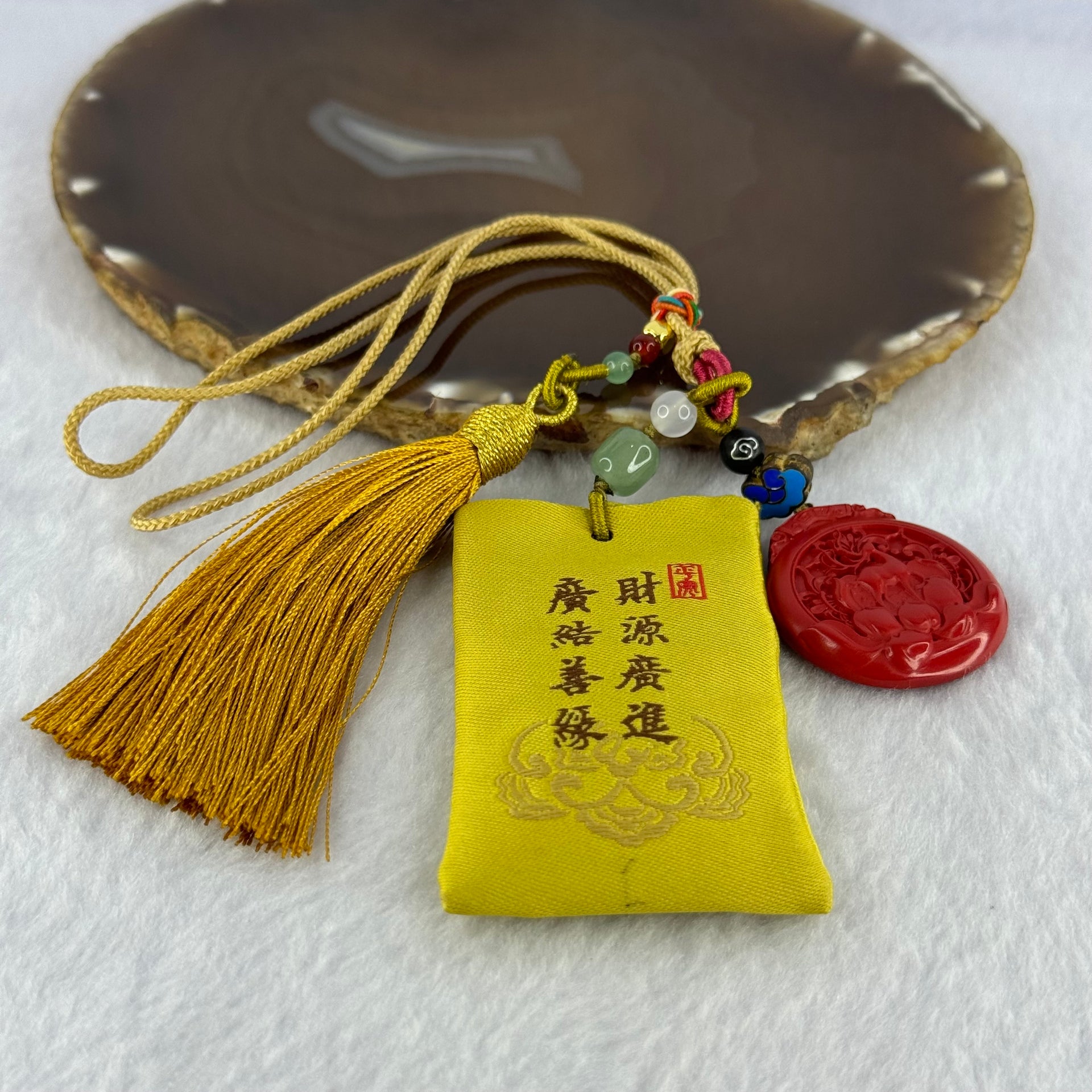 Natural Red Cinnabar Deer on Lotus Flower Pendent with Lucky Charm Bag for Good Wealth and Good Relationship 34.20g 33.2 by 30.9 by 7.5mm - Huangs Jadeite and Jewelry Pte Ltd