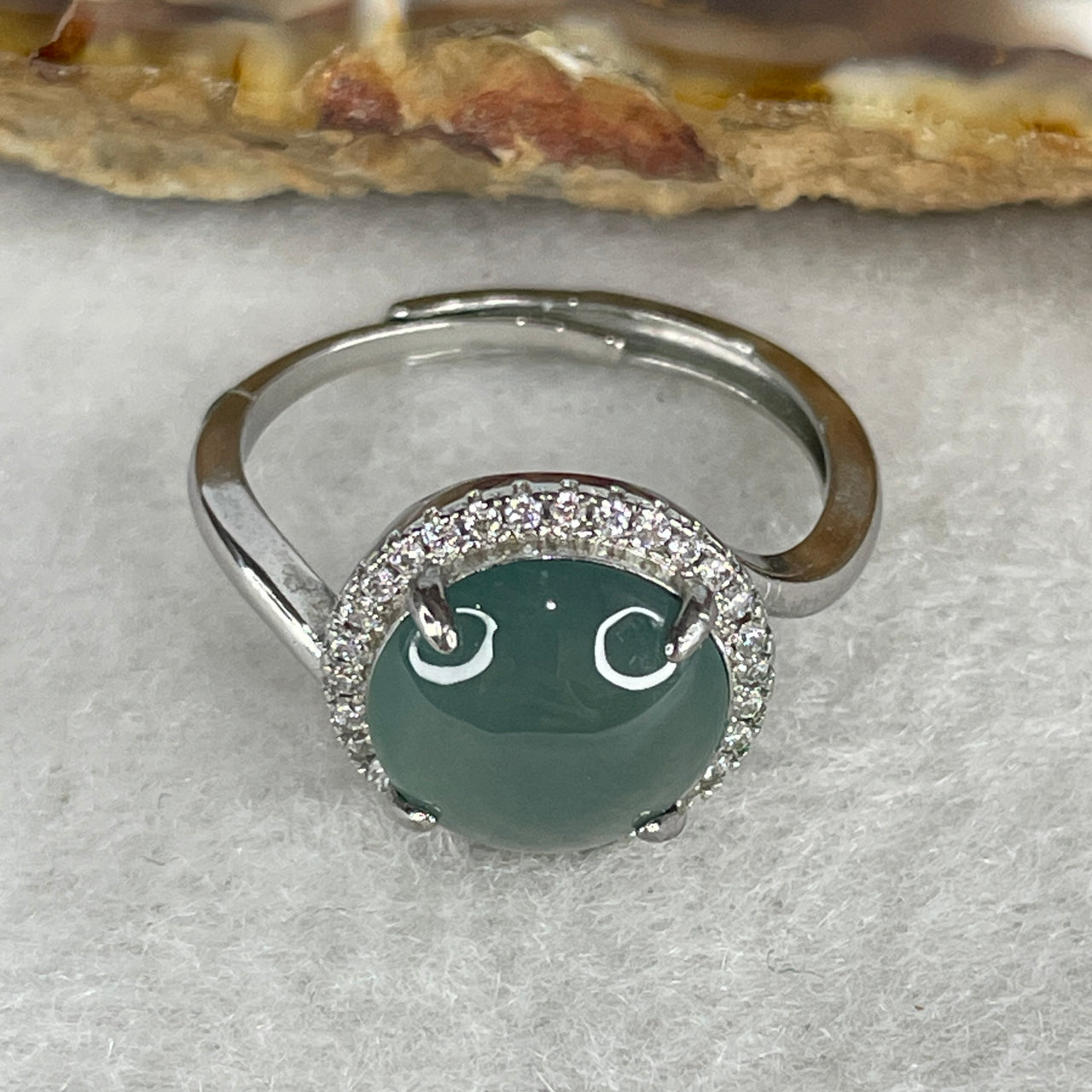 Type A Icy Light Blueish-Green Jadeite Minimalist Cabochon Ring | Liquid-Glass Translucent Dome | Solid S925 Sterling Silver Setting | Adjustable Sizing (3.02g 10.0x3.0mm)